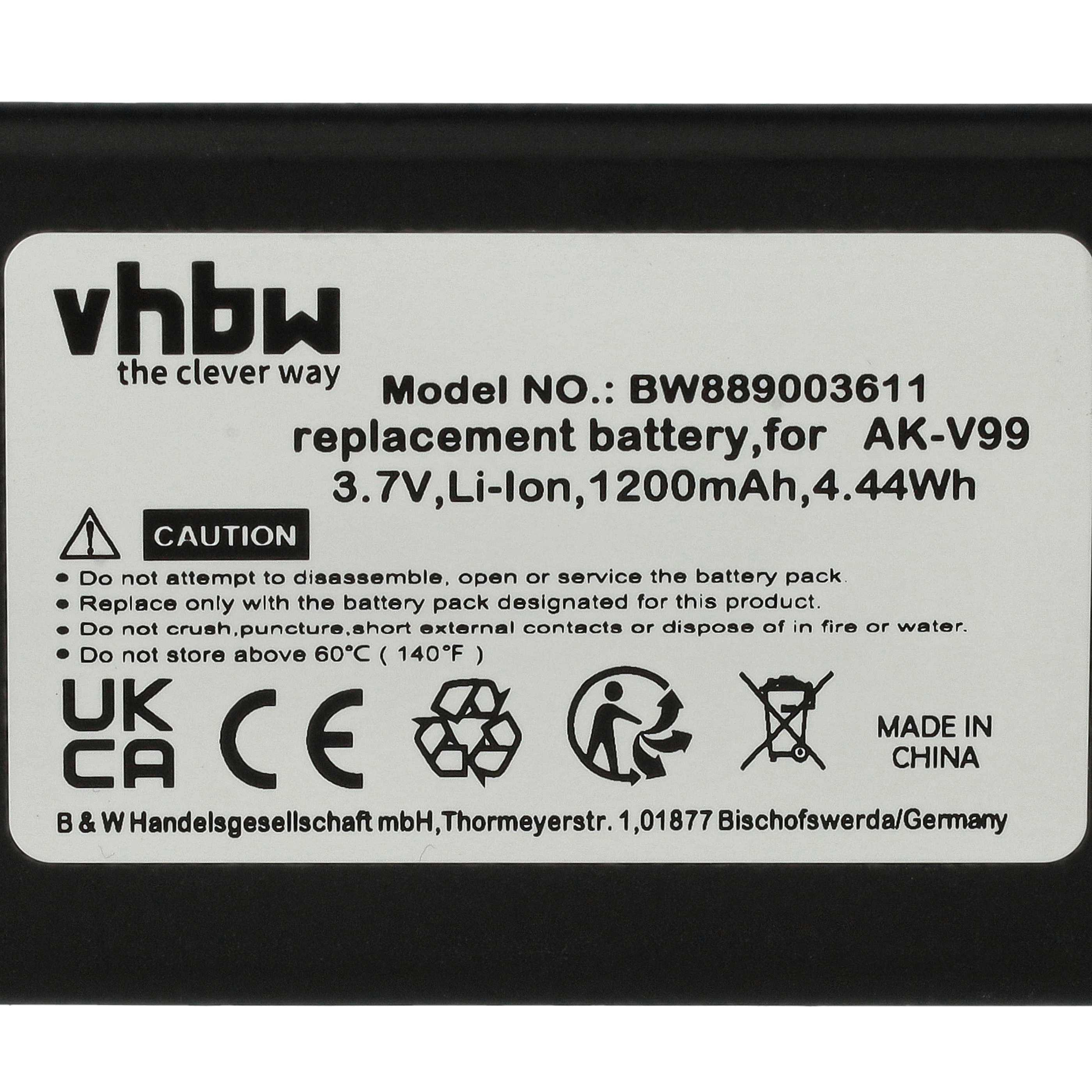 Ein Batterielabel mit Text: vhbw, Modellnummer, Spannung, Vorsichtssymbolen und Recycling-Logos. Hergestellt in China.