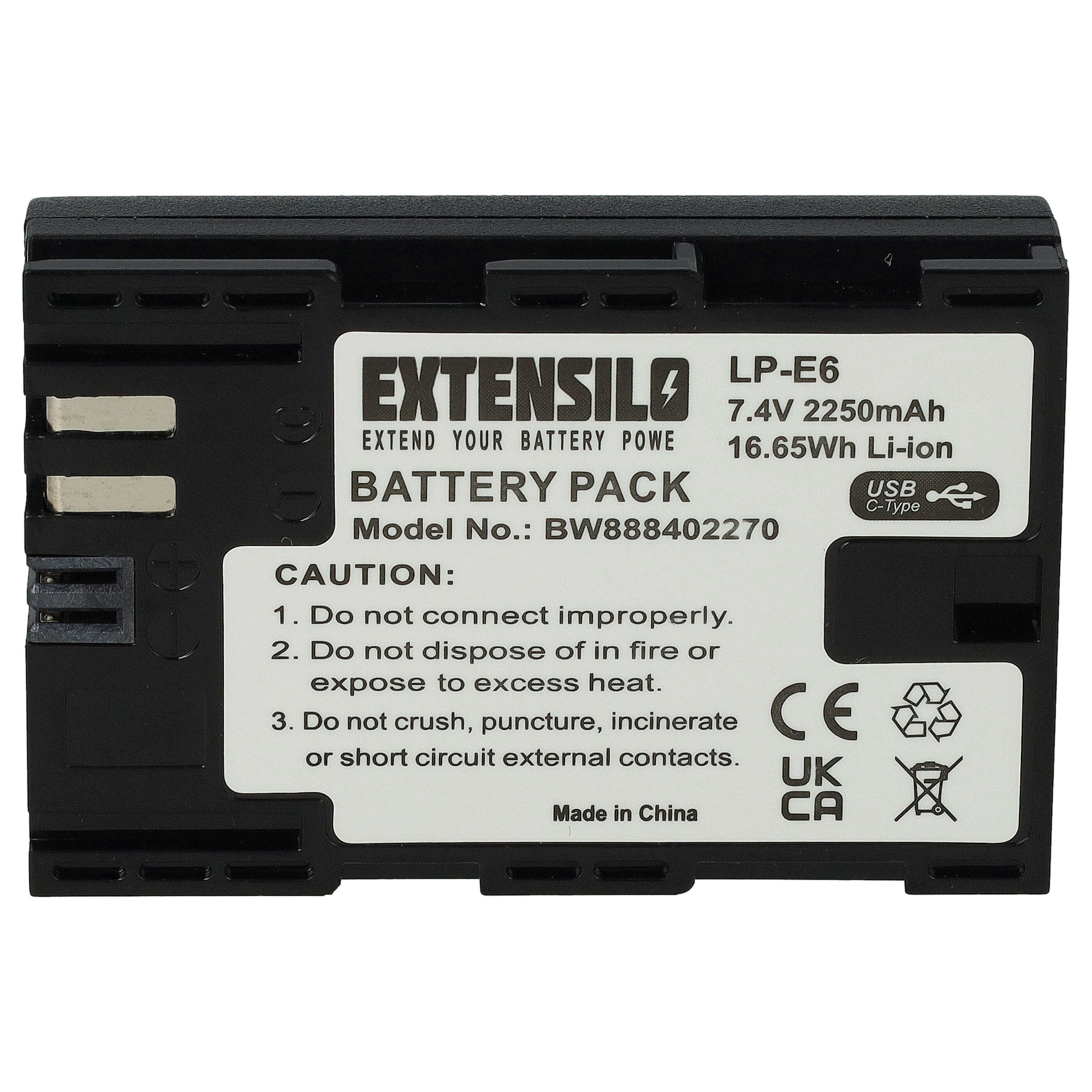 Schwarzer Akku mit weißem Etikett; enthält Text: EXTENSILO, LP-E6, 7,4 V 2250 mAh, VORSICHT. USB C-Typ-Symbol ist vorhanden.