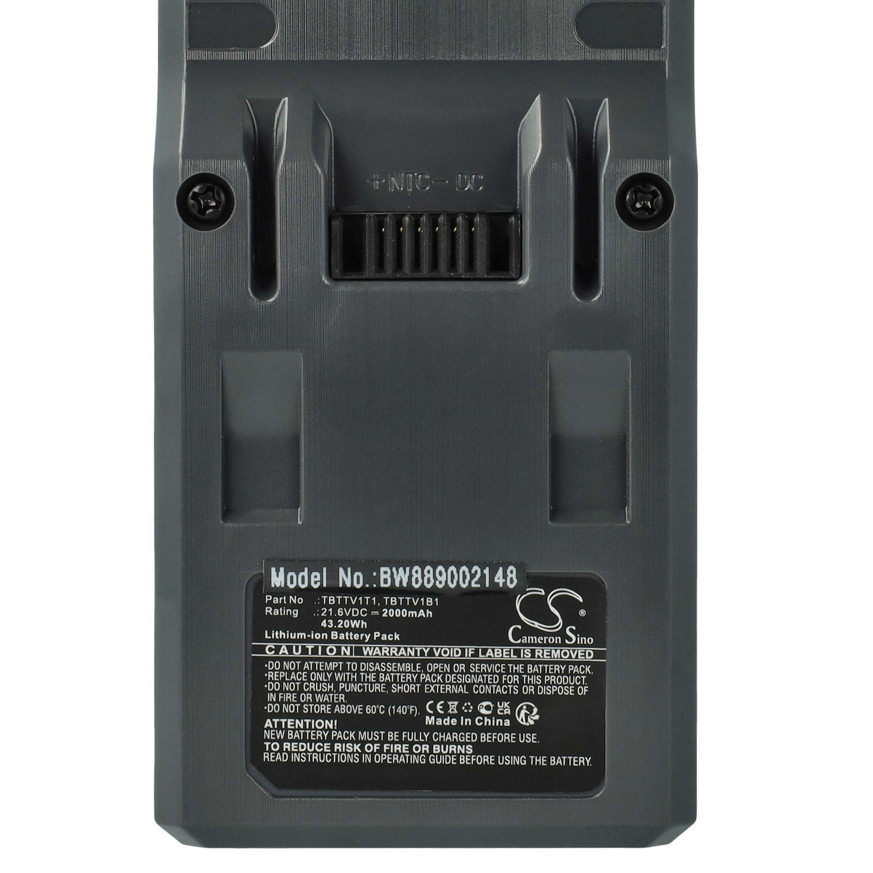 Ein graues Akku-Pack mit Text und einem Stecker. Die Modellnummer ist BW889002148. Es hat Warnhinweise.