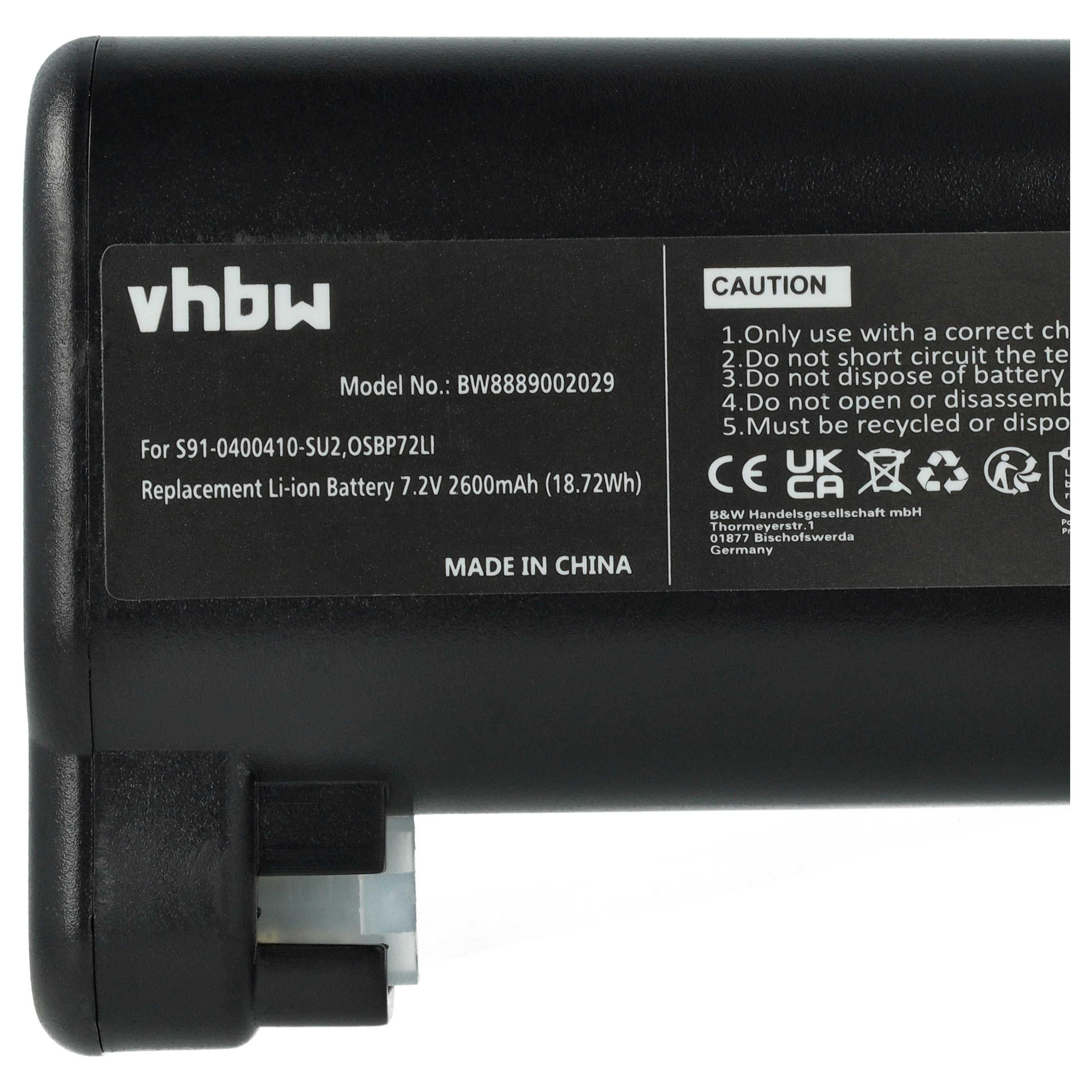 Schwarzer Akku mit weißem Text. Enthält die Marke vhbw, Modelldetails und Sicherheitshinweise auf einem Etikett. "Made in China".