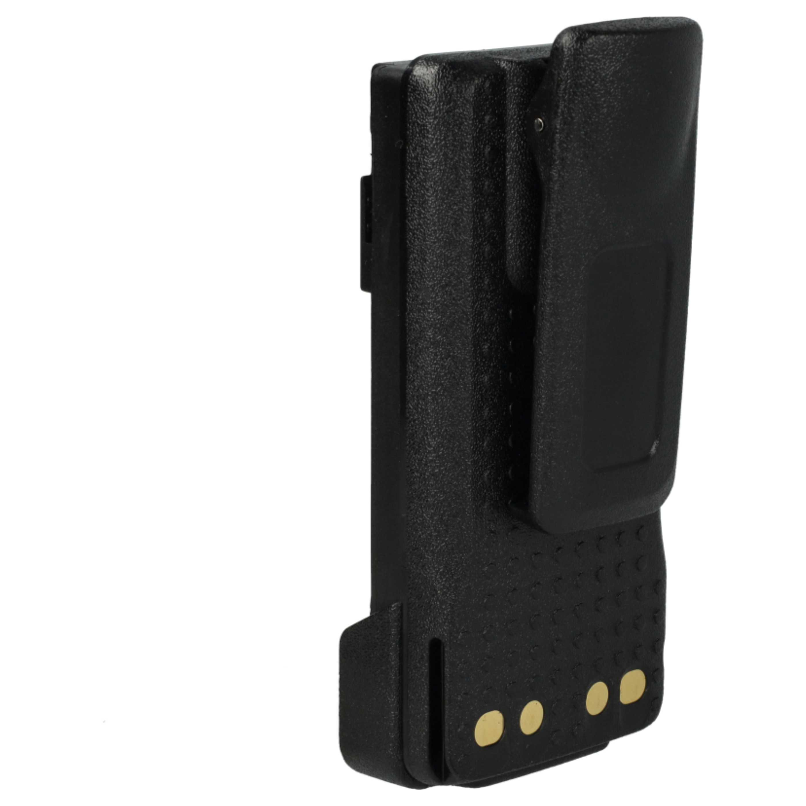 Ein schwarzes Funkgerät-Akkupack mit Gürtelclip und drei goldenen Kontaktpunkten vor weißem Hintergrund.