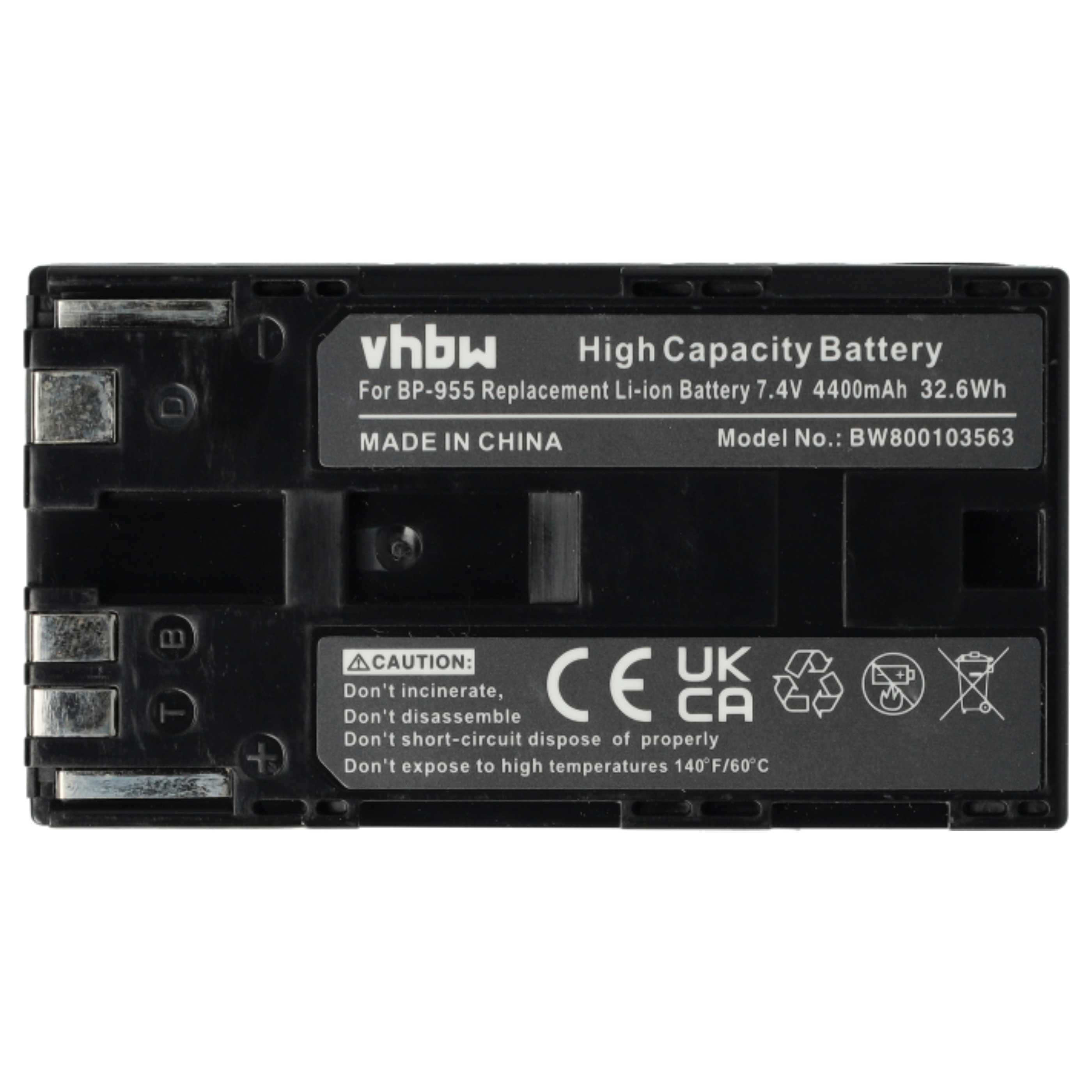 Schwarzer vhbw-Akku, Modell BW800103563, mit Warnhinweisen. Er trägt die Aufschrift: High Capacity Battery 7.4V 4400mAh 32.6Wh.