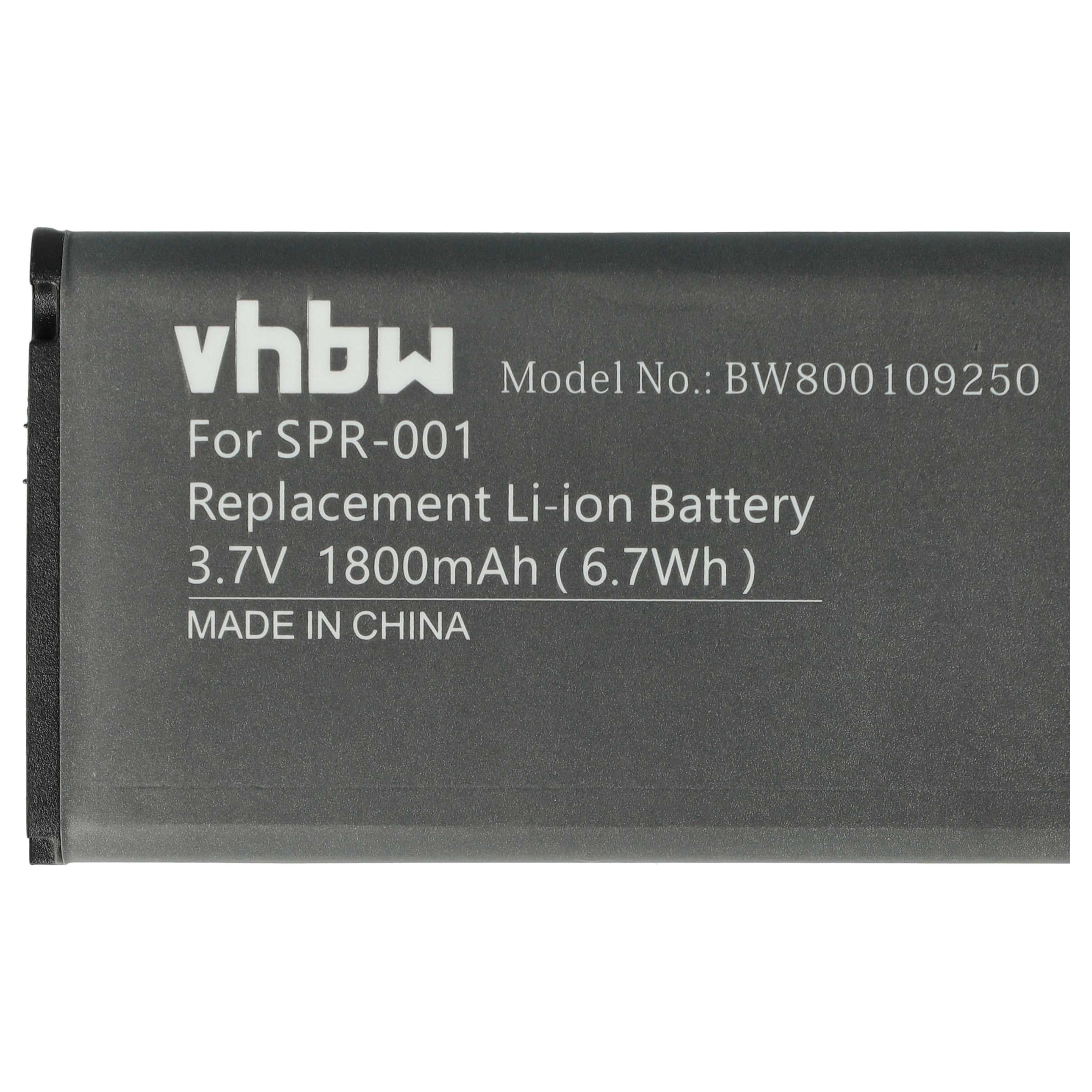 Graues Batterieetikett mit weißem Text. Es lautet: vhbw, For SPR-001, Replacement Li-ion Battery, 3.7V 1800mAh, MADE IN CHINA.