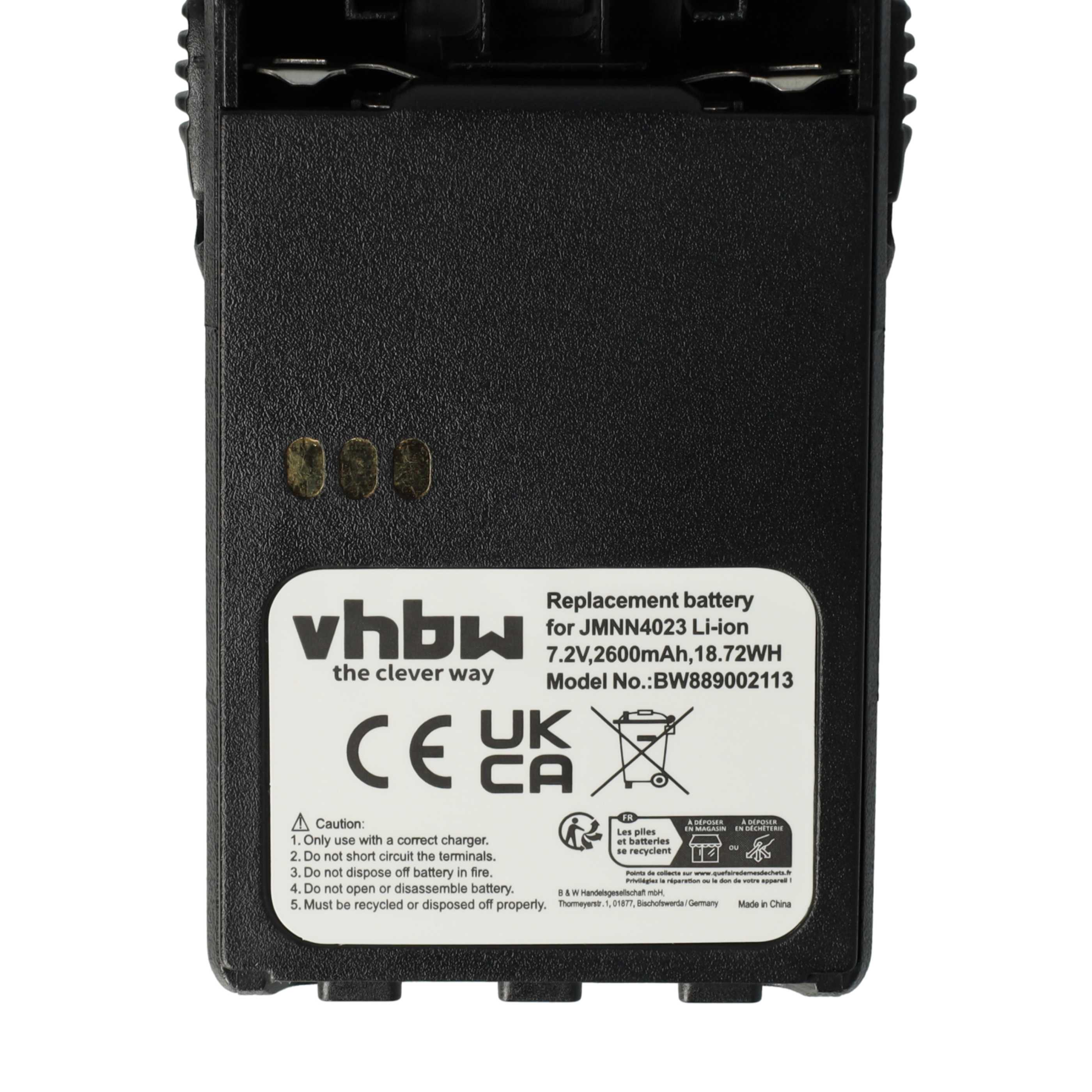 Ein schwarzer Akku mit Text und Logos. Er hat ein weißes Etikett mit Produktinformationen.