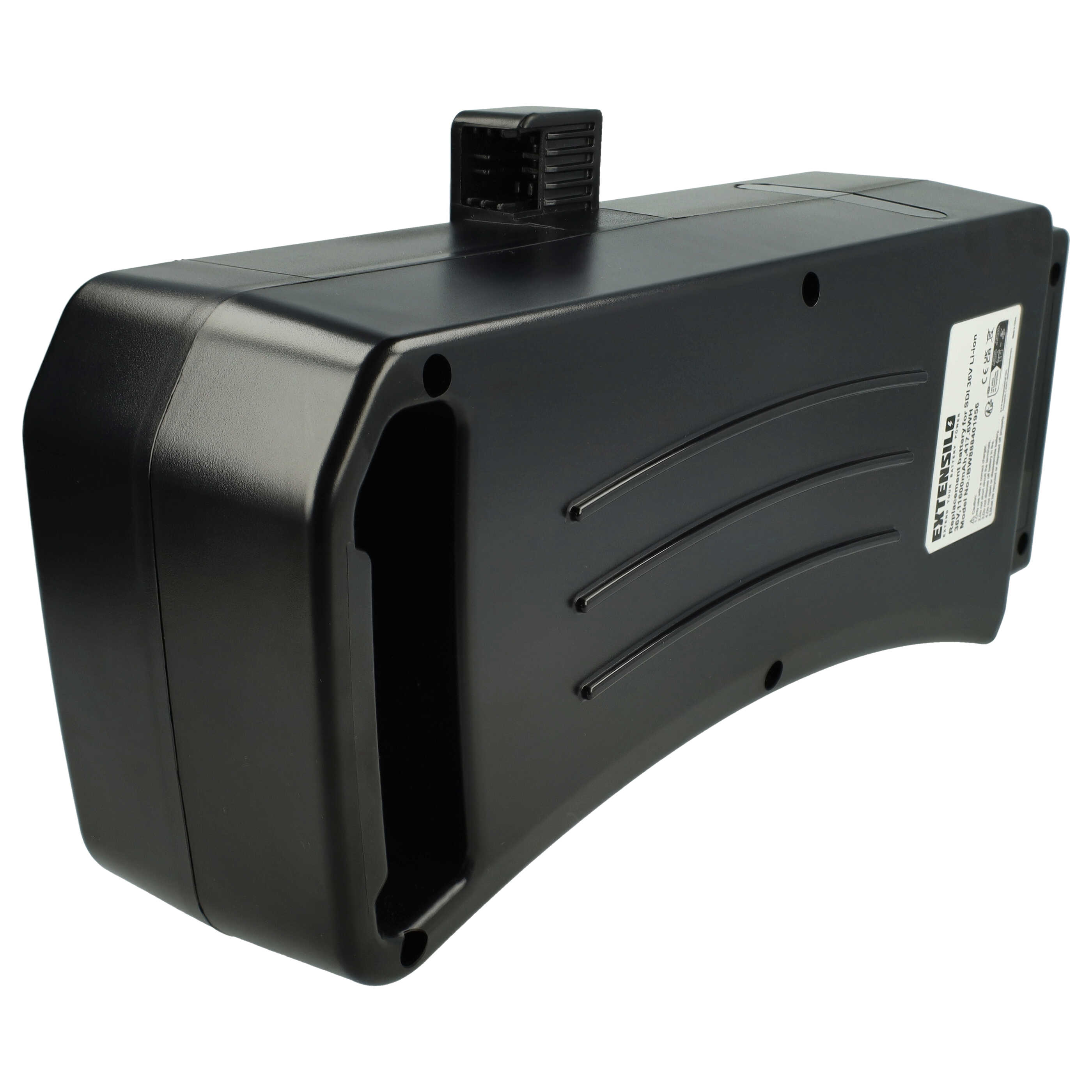 Ein schwarzes, rechteckiges Batteriepack mit gebogenen Seiten. Es hat einen Griff und ein Etikett mit Text.