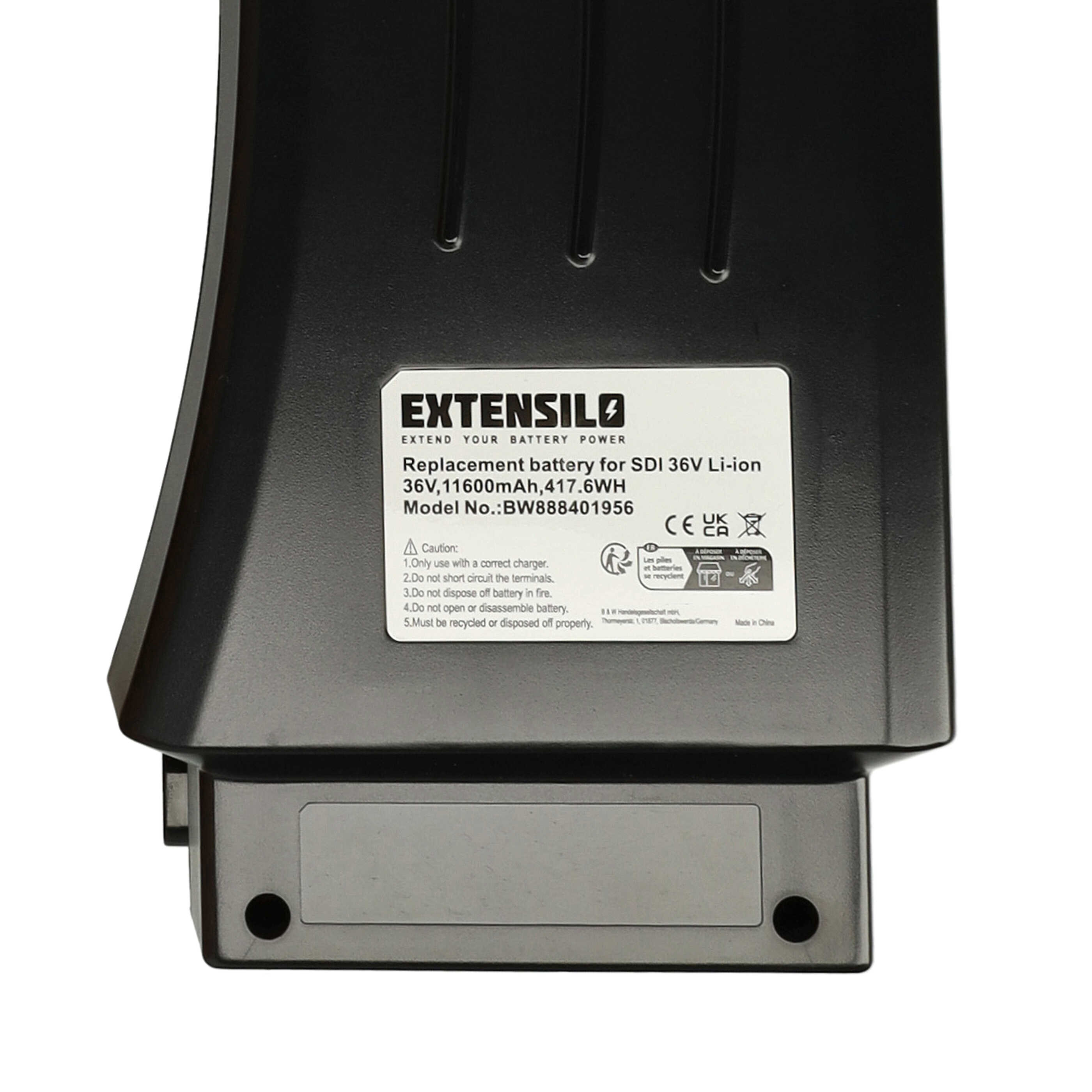 Ein schwarzes Akkupack mit einem weißen Etikett. Auf dem Etikett steht 'EXTENSILO' und 'Ersatzbatterie'.