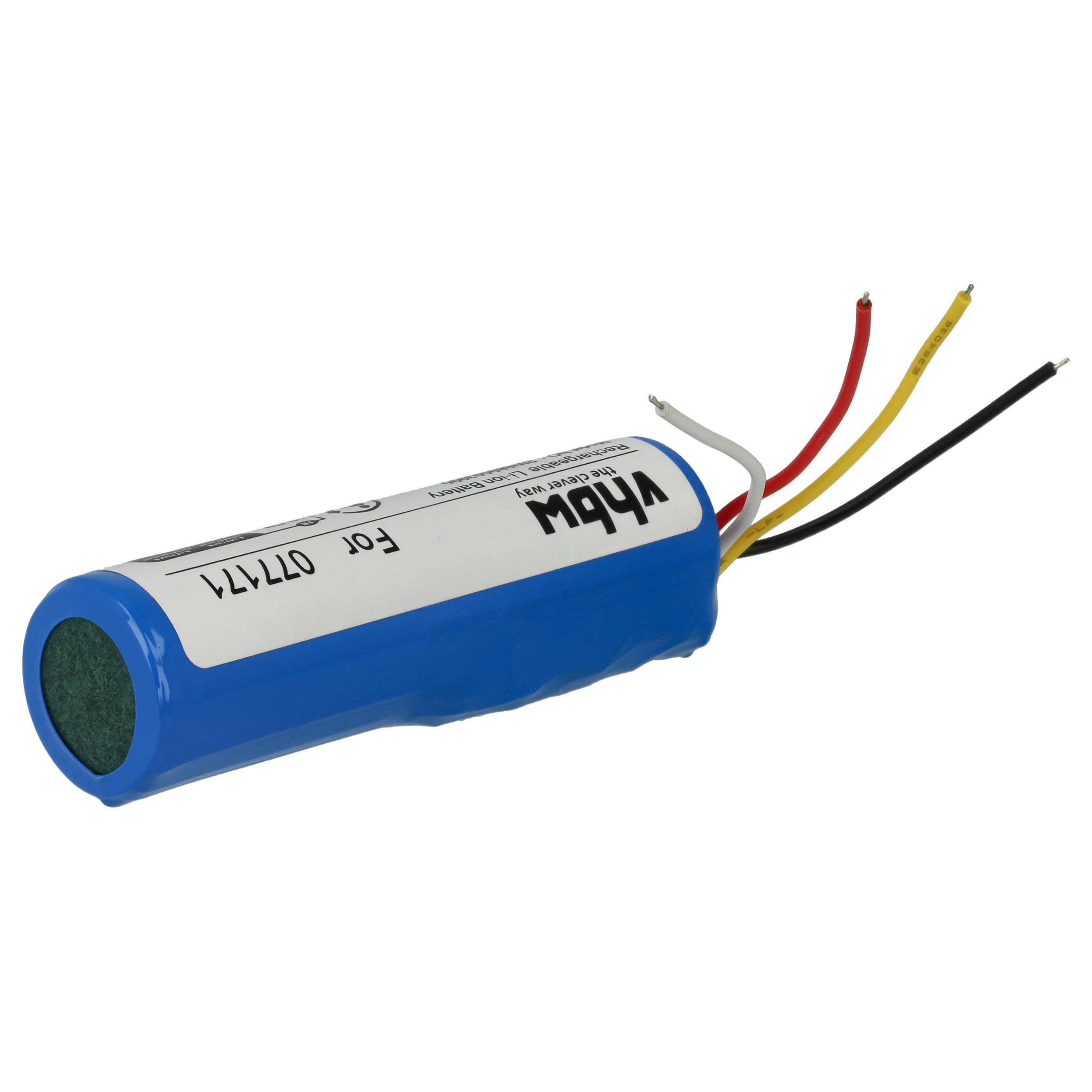 Eine blau-weiße Batterie mit roten, gelben, schwarzen und weißen Drähten. Die Batterie hat ein grünes Ende.