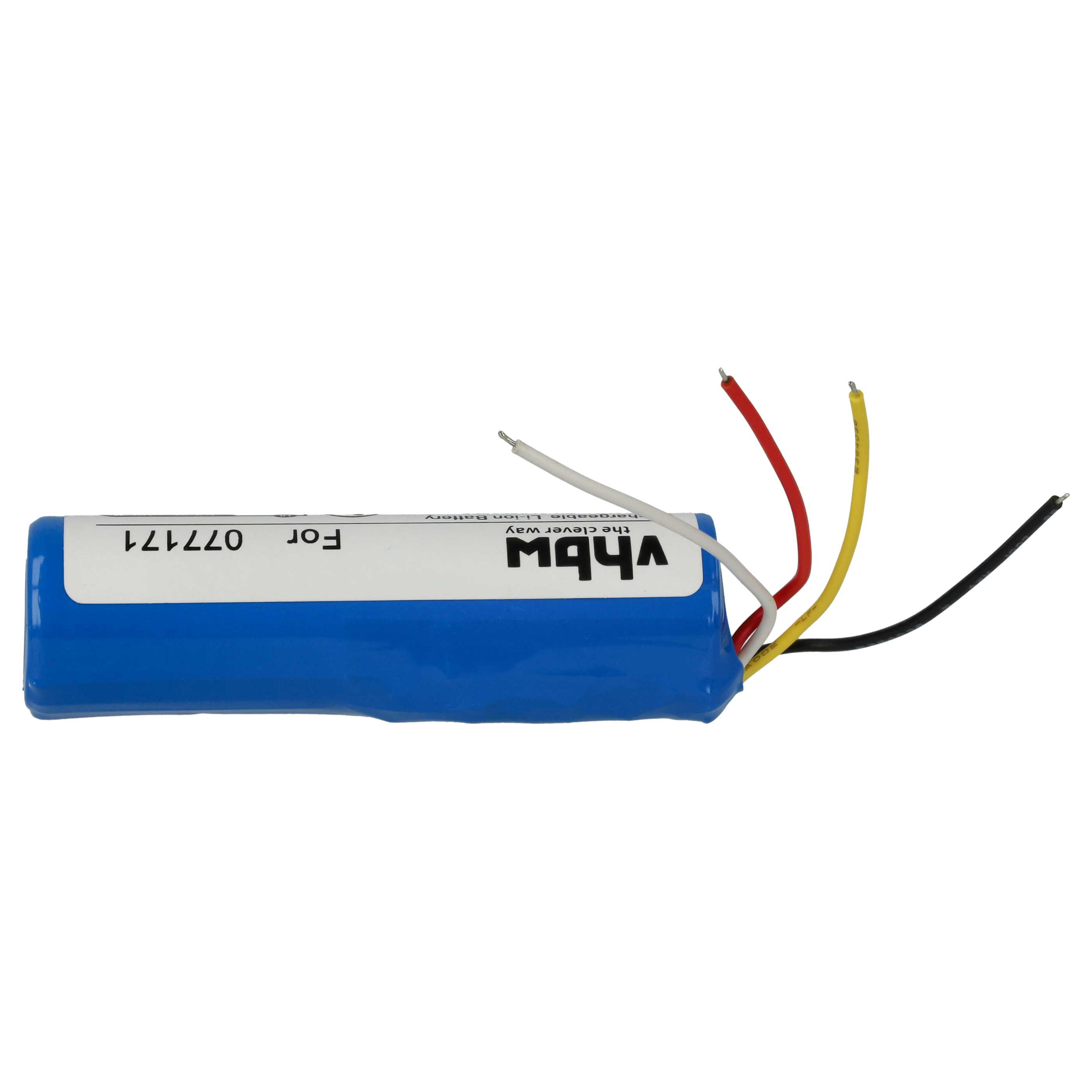 Eine blaue Batterie mit weißem Etikett, 'vbhw'-Logo und Drähten: rot, gelb, schwarz, weiß.
