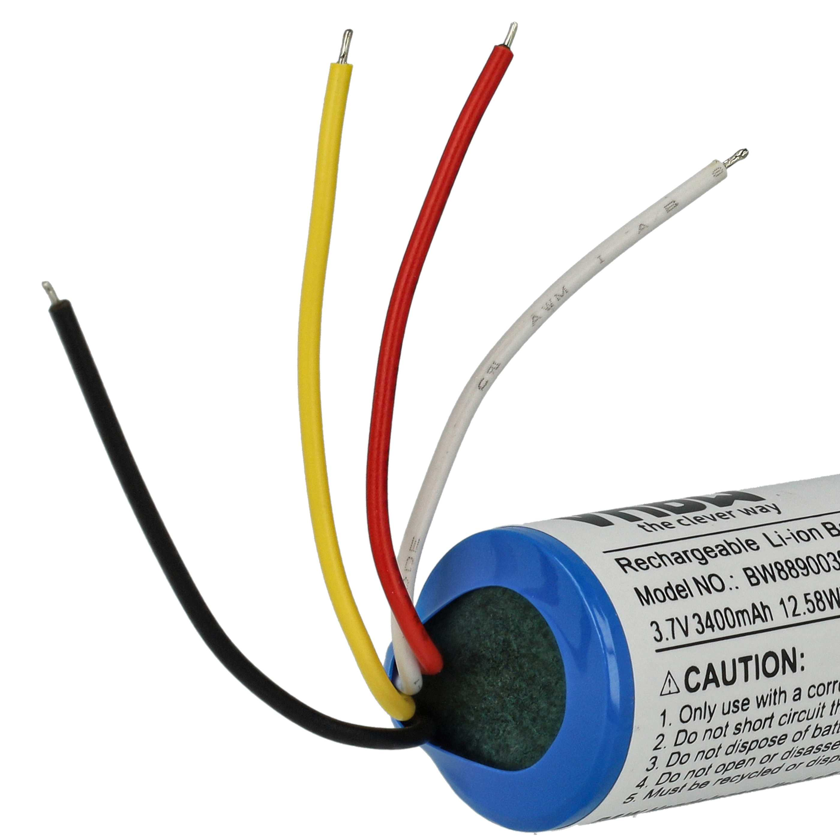 Eine Batterie mit Drähten. Schwarze, gelbe, rote und weiße Drähte gehen von einem blau beschrifteten Zylinder aus.