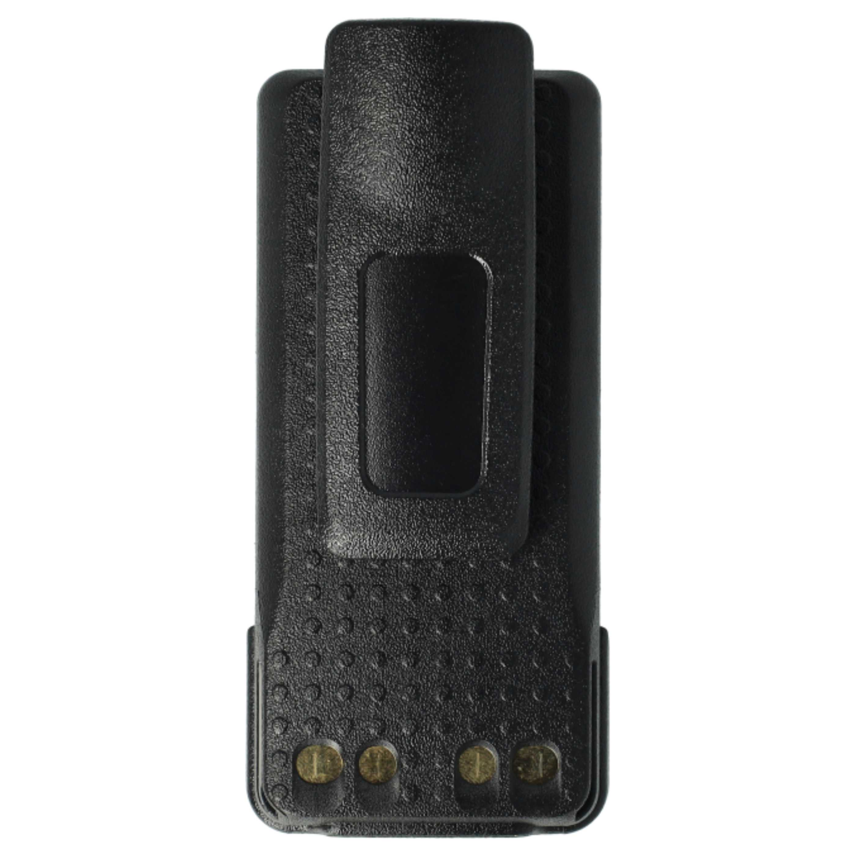 Ein schwarzes Akkupack für ein Funkgerät mit Gürtelclip. Das Pack hat eine strukturierte Oberfläche und goldene Kontaktpunkte.