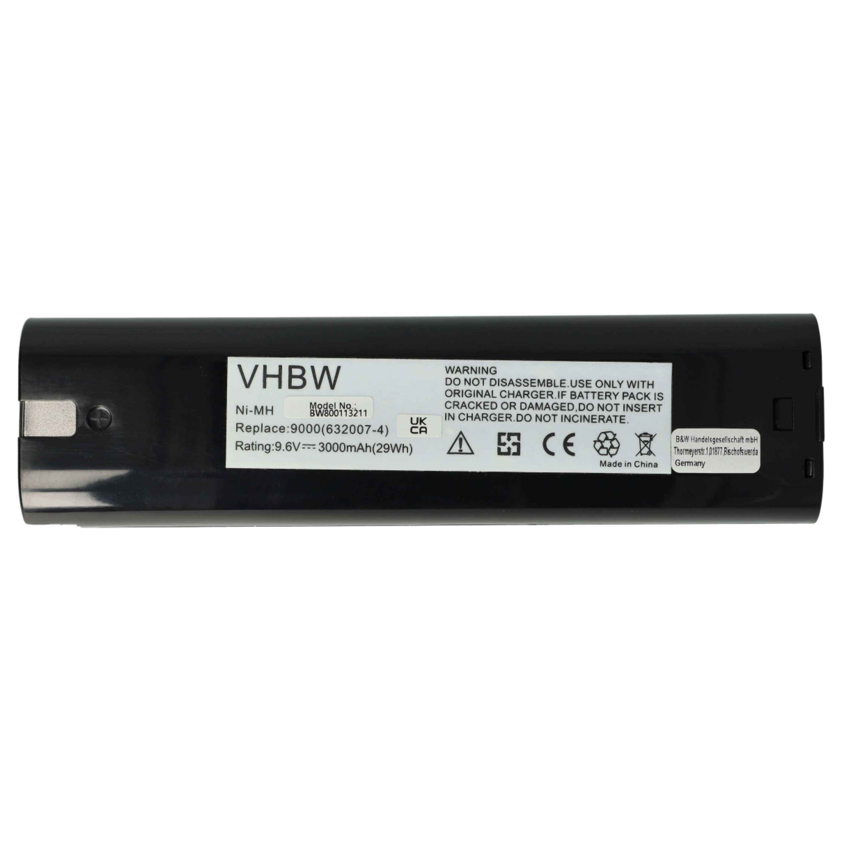 Schwarzer VHBW-Akku. Auf der Oberfläche sind Warnhinweise und technische Daten aufgedruckt. Weißer Hintergrund.