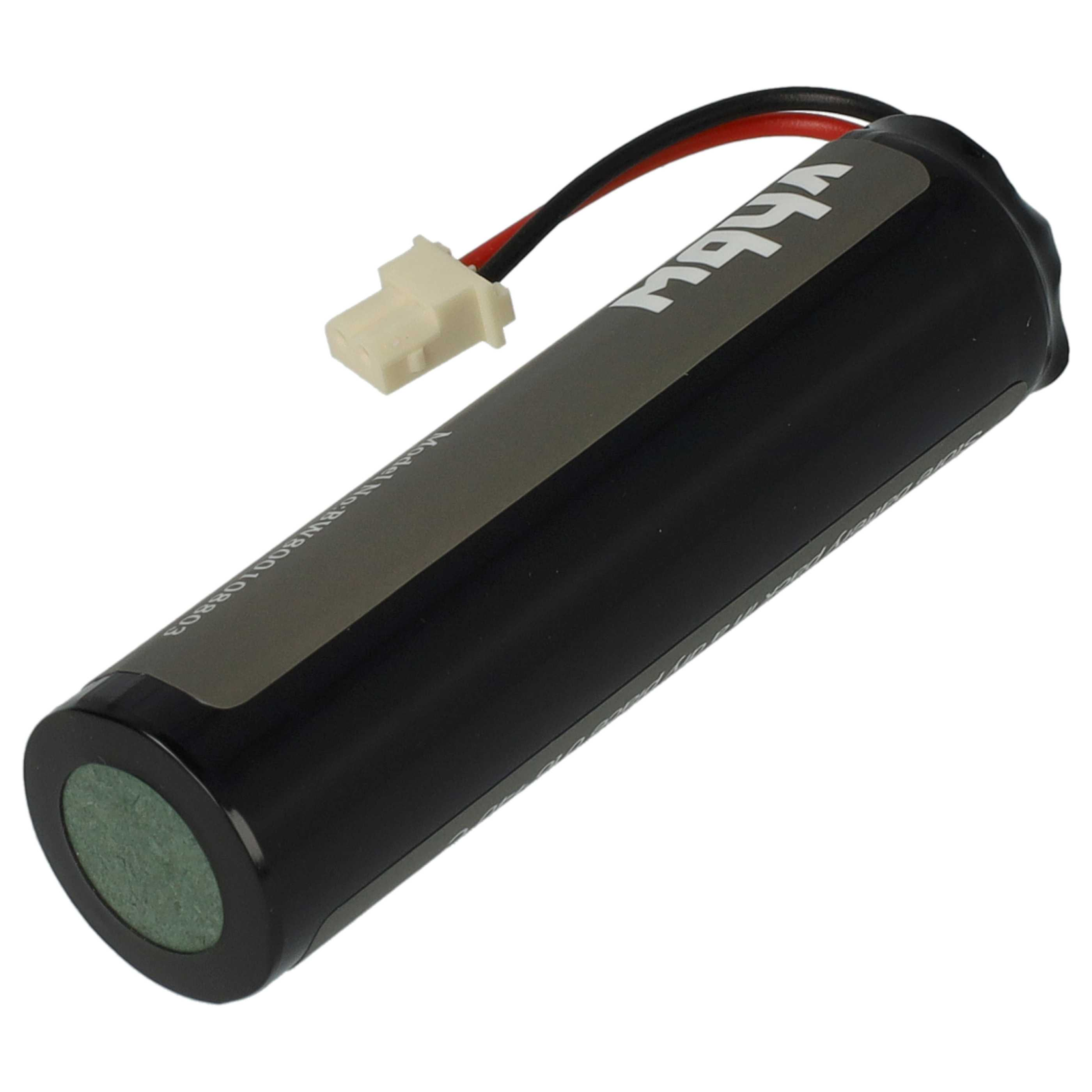 Eine schwarze zylindrische Batterie mit Etikett und weißem Stecker. Drähte erstrecken sich von oben.