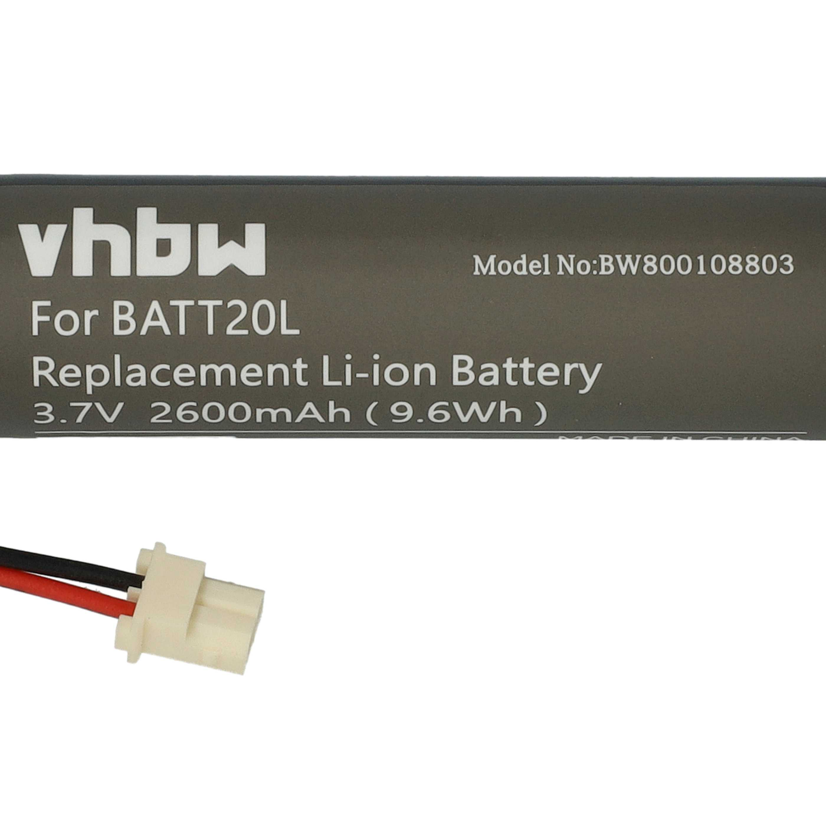 Ein Akku mit Text: vhbw, For BATT20L, Replacement Li-ion Battery, 3.7V 2600mAh. Ein Stecker mit roten und schwarzen Drähten.