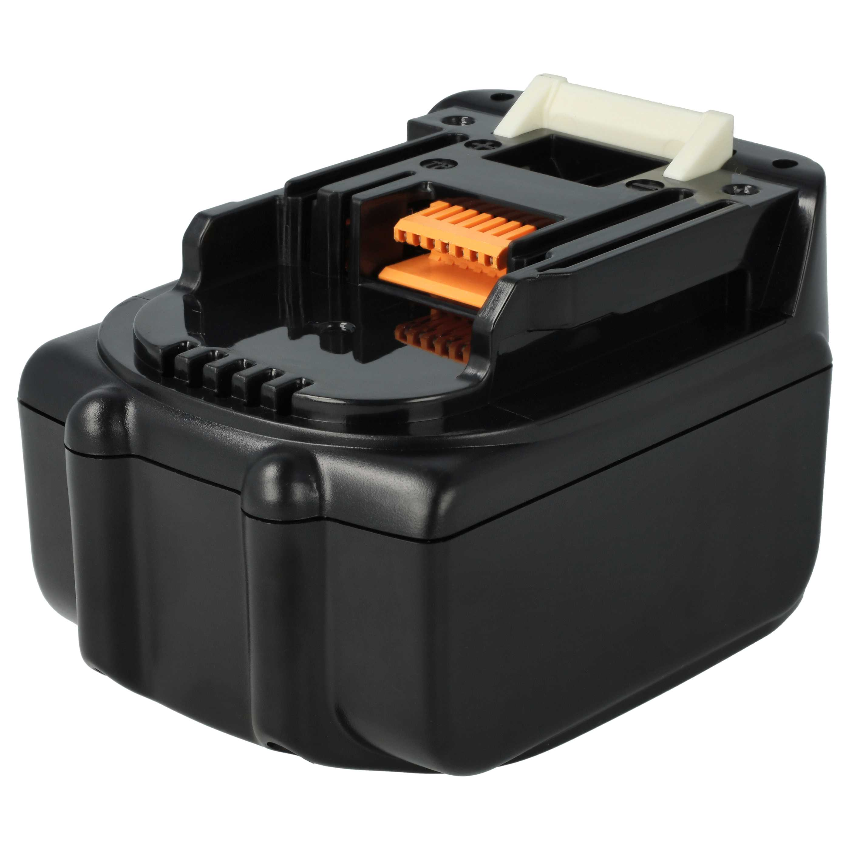 Ein schwarzer Akku für ein kabelloses Elektrowerkzeug mit orangefarbenem Stecker und weißem Griff.
