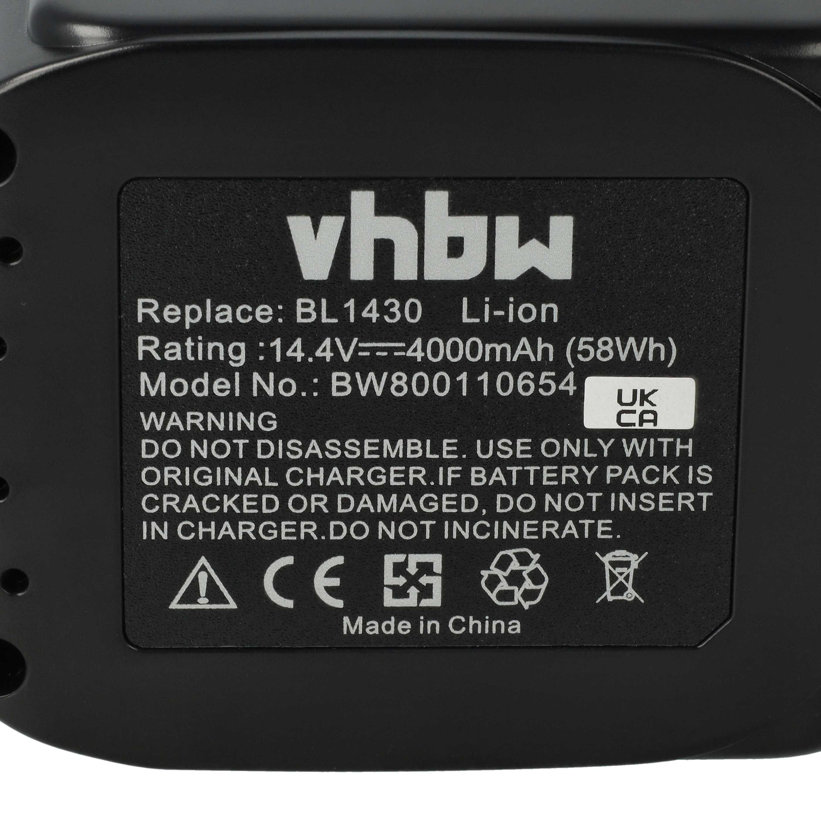 Schwarzer Akku mit weißem Text, einschließlich Warnungen, Markenname vhbw und technischen Details. Hergestellt in China.