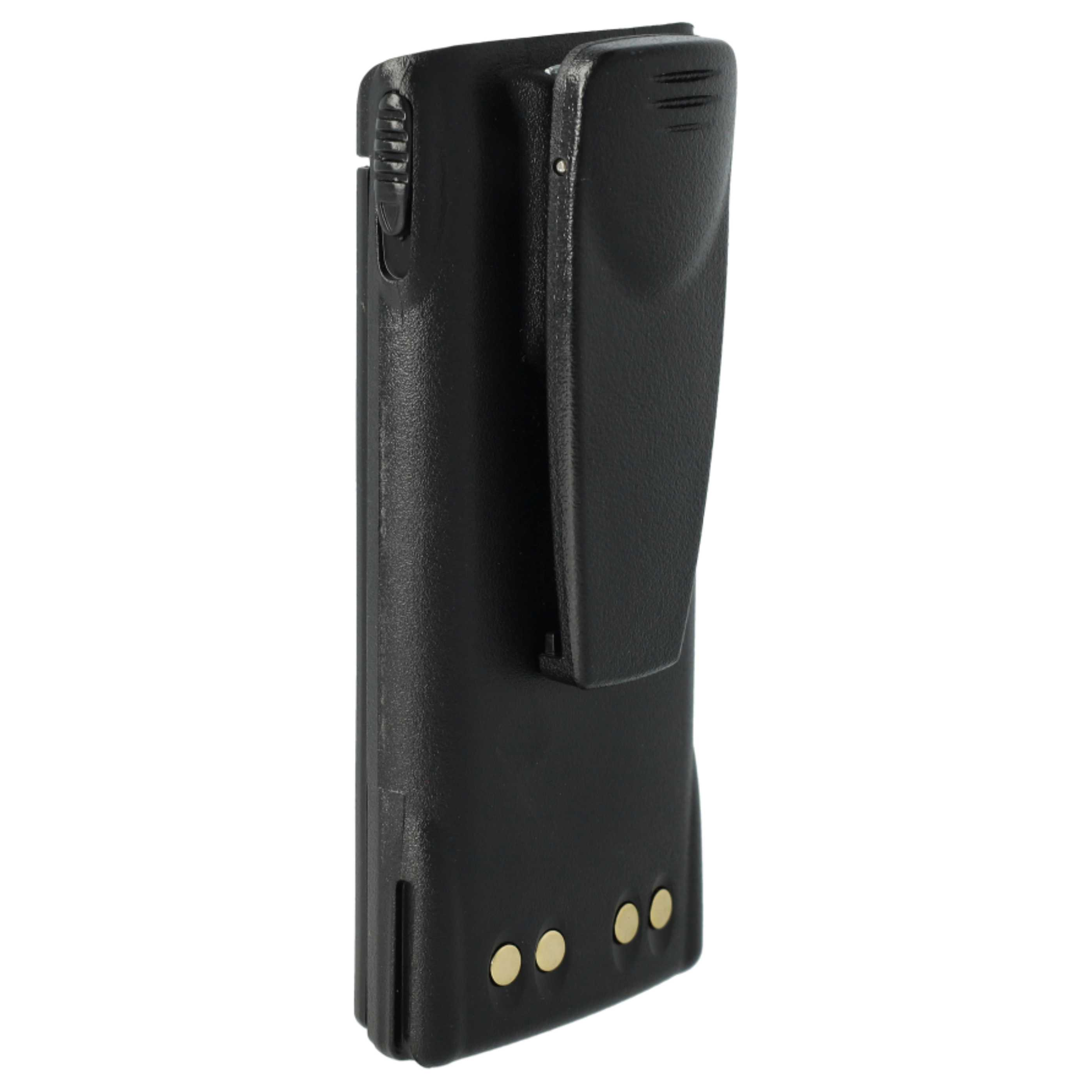 Ein schwarzer Walkie-Talkie-Akku mit Gürtelclip. Er hat drei goldfarbene Kontaktpunkte unten.