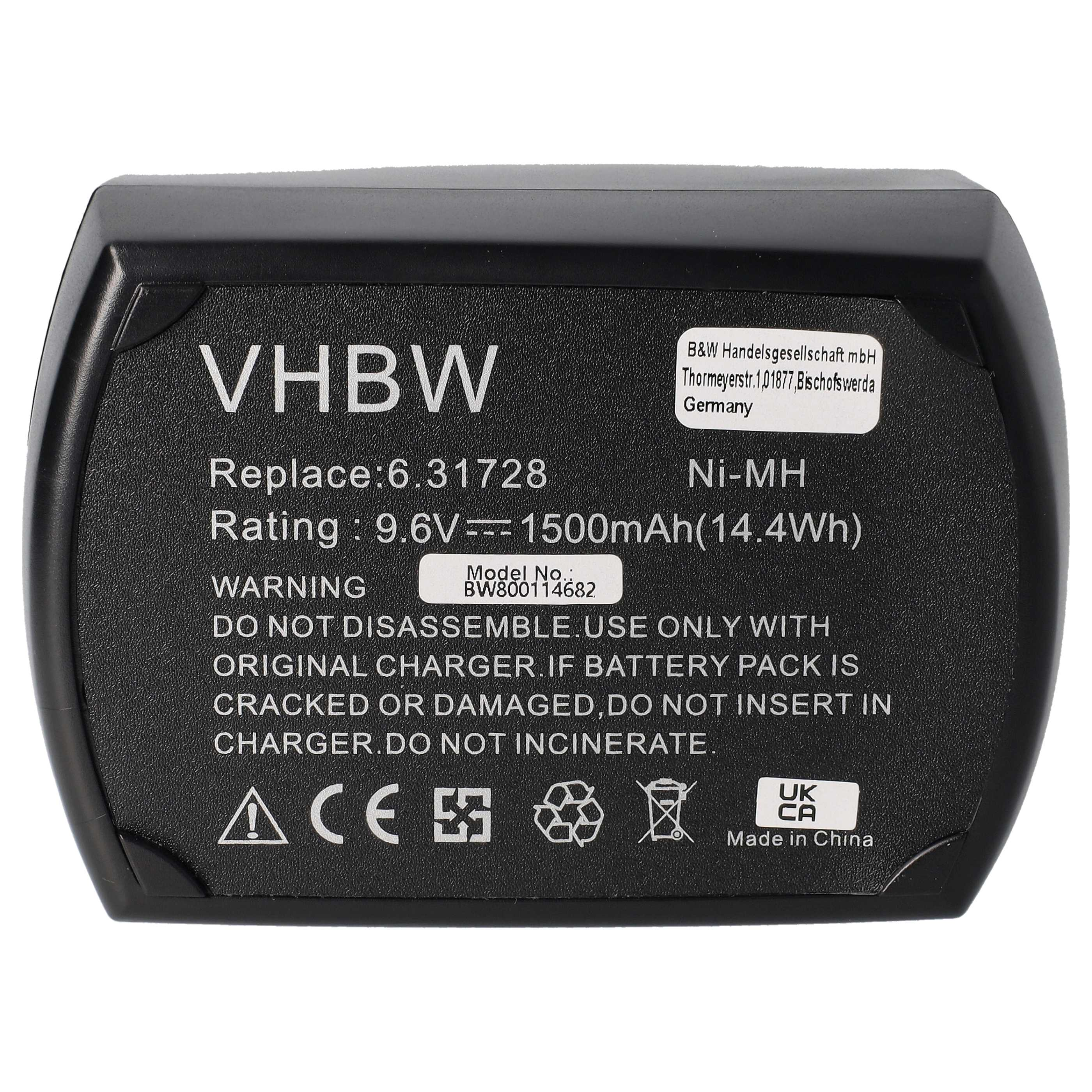 Schwarzer VHBW-Akkupack mit weißem Text. Technische Daten umfassen Spannung, Kapazität und Warnhinweise. Hergestellt in China.