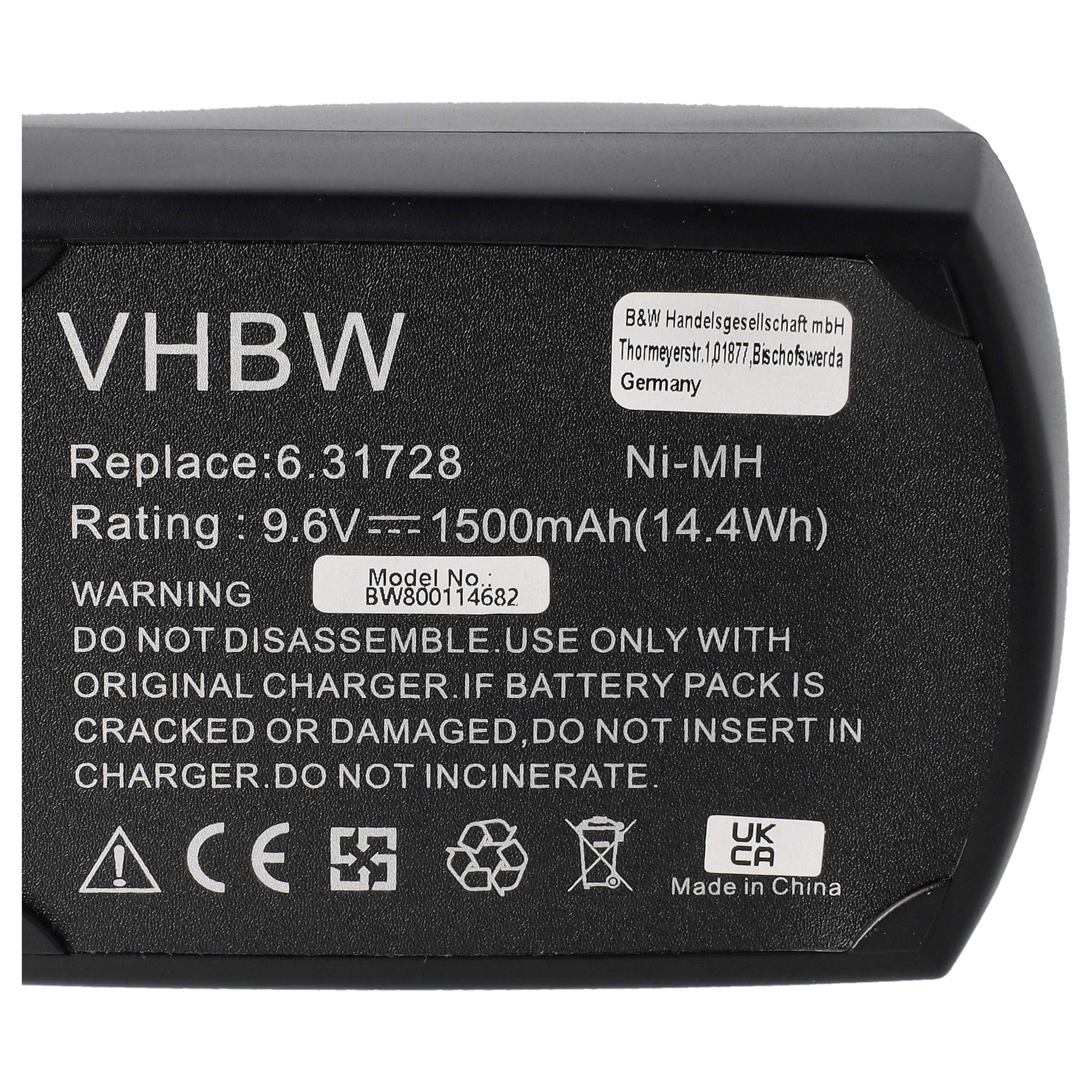 Schwarzes Batterieetikett mit weißem Text: VHBW, Replace:6.31728, Rating: 9.6V, Warnungen und Symbole. Hergestellt in China.