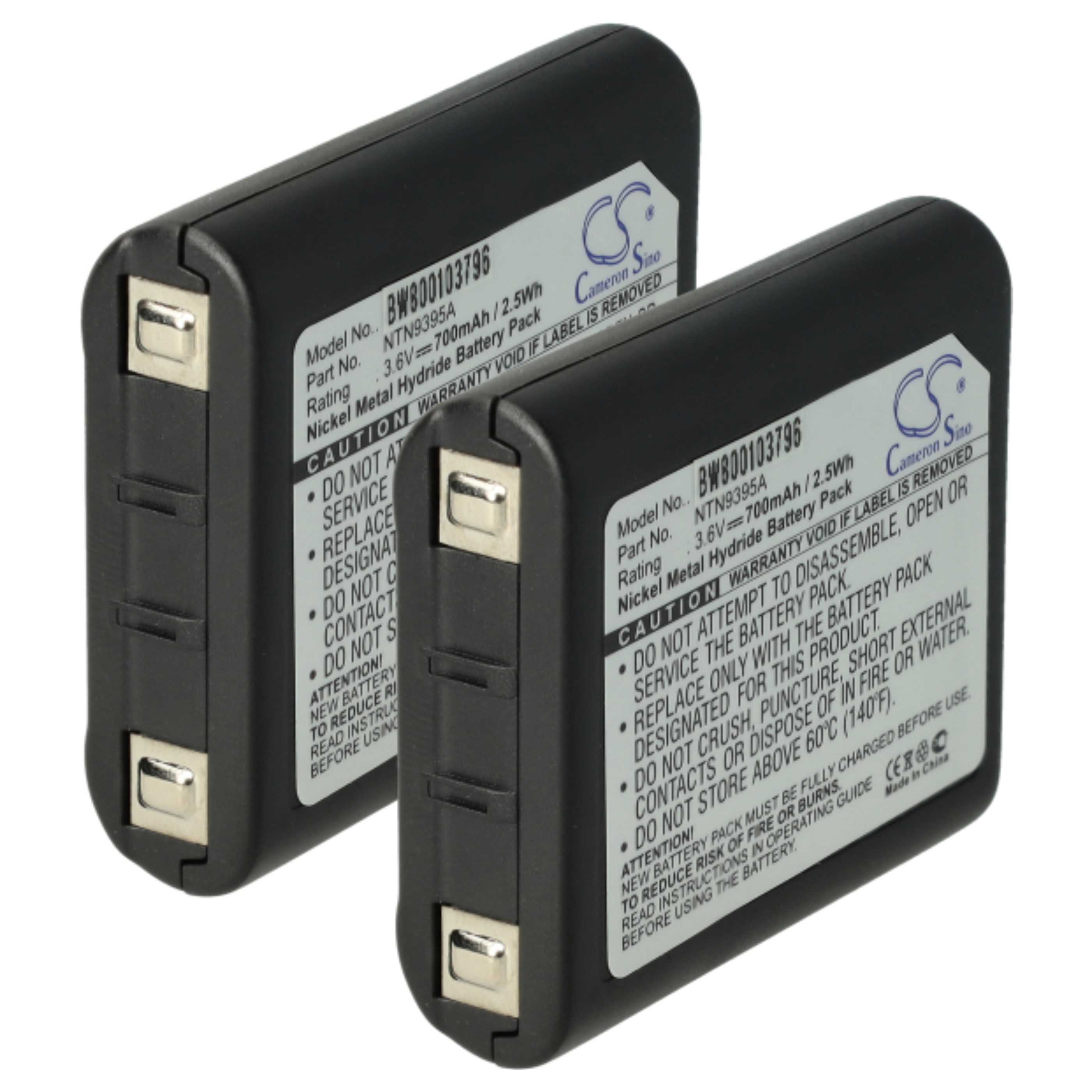 Zwei schwarze rechteckige Batterien mit Etiketten. Ein Etikett lautet 'BW800103796, 3,6 V, 700 mAh'.