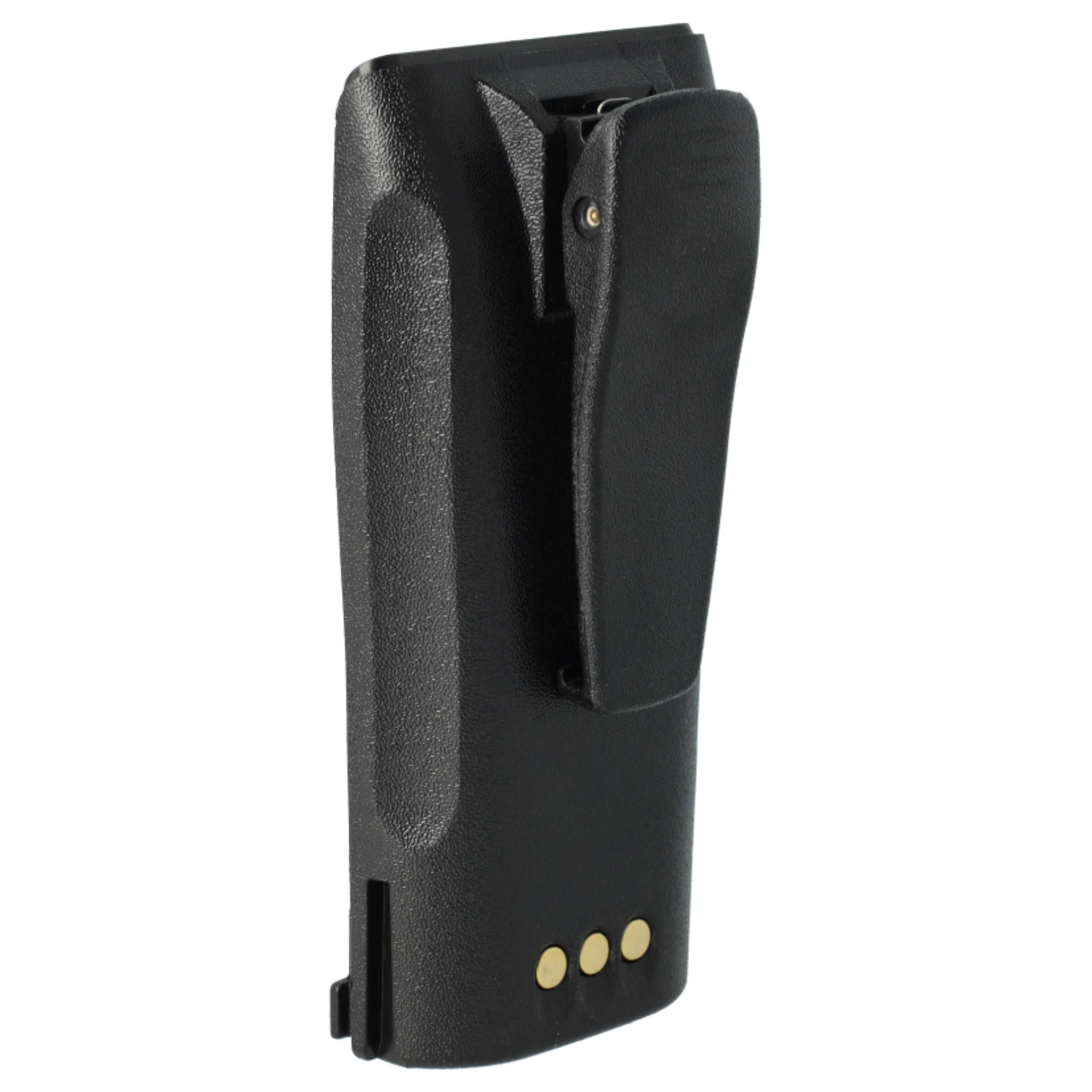 Ein schwarzer Walkie-Talkie-Akku mit Clip. Er hat drei goldfarbene Kontakte und eine strukturierte Oberfläche.
