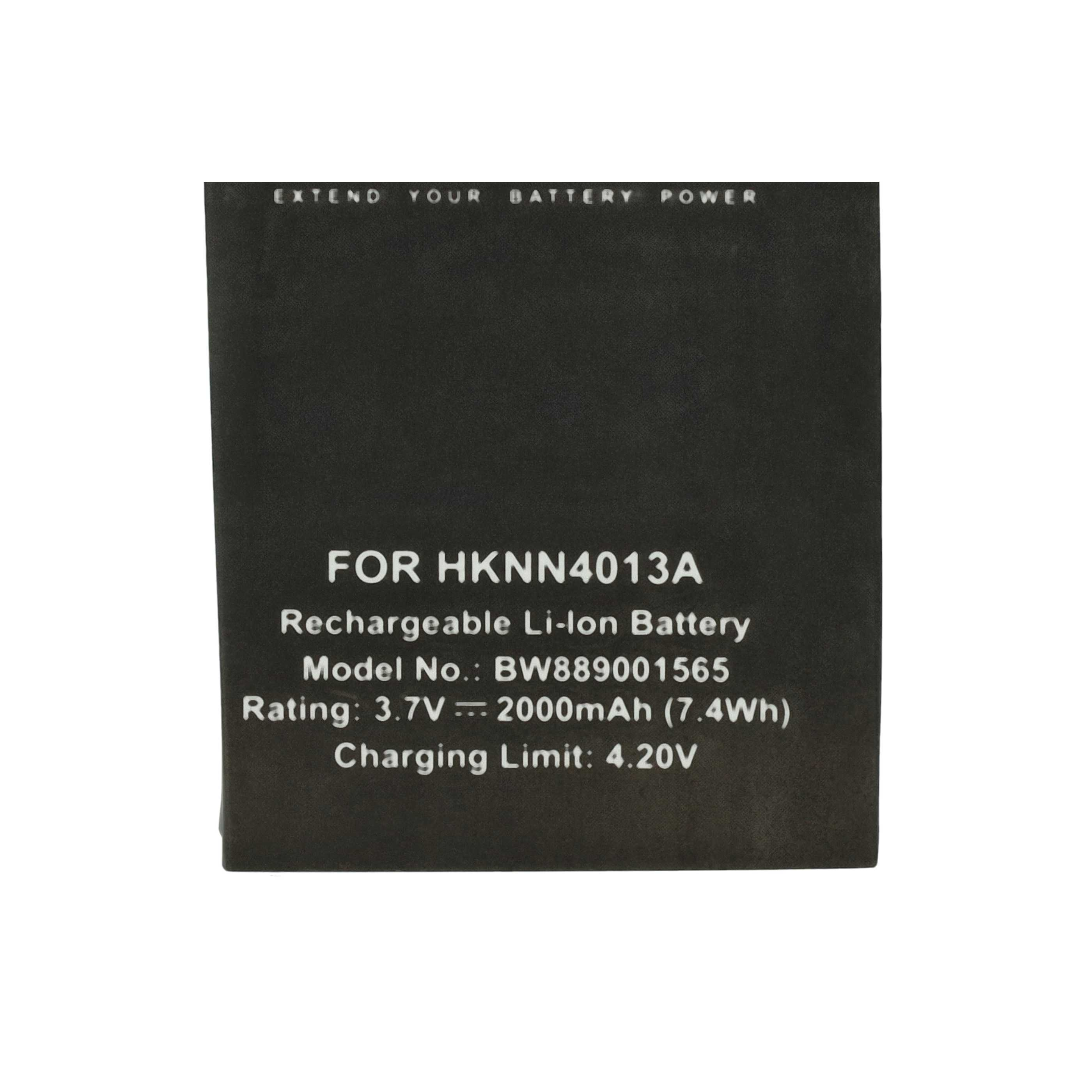 Ein schwarzes Batterieetikett mit weißem Text. Es besagt: Für HKNN4013A, Akku, Modell BW889001565, Bewertung 3,7V.