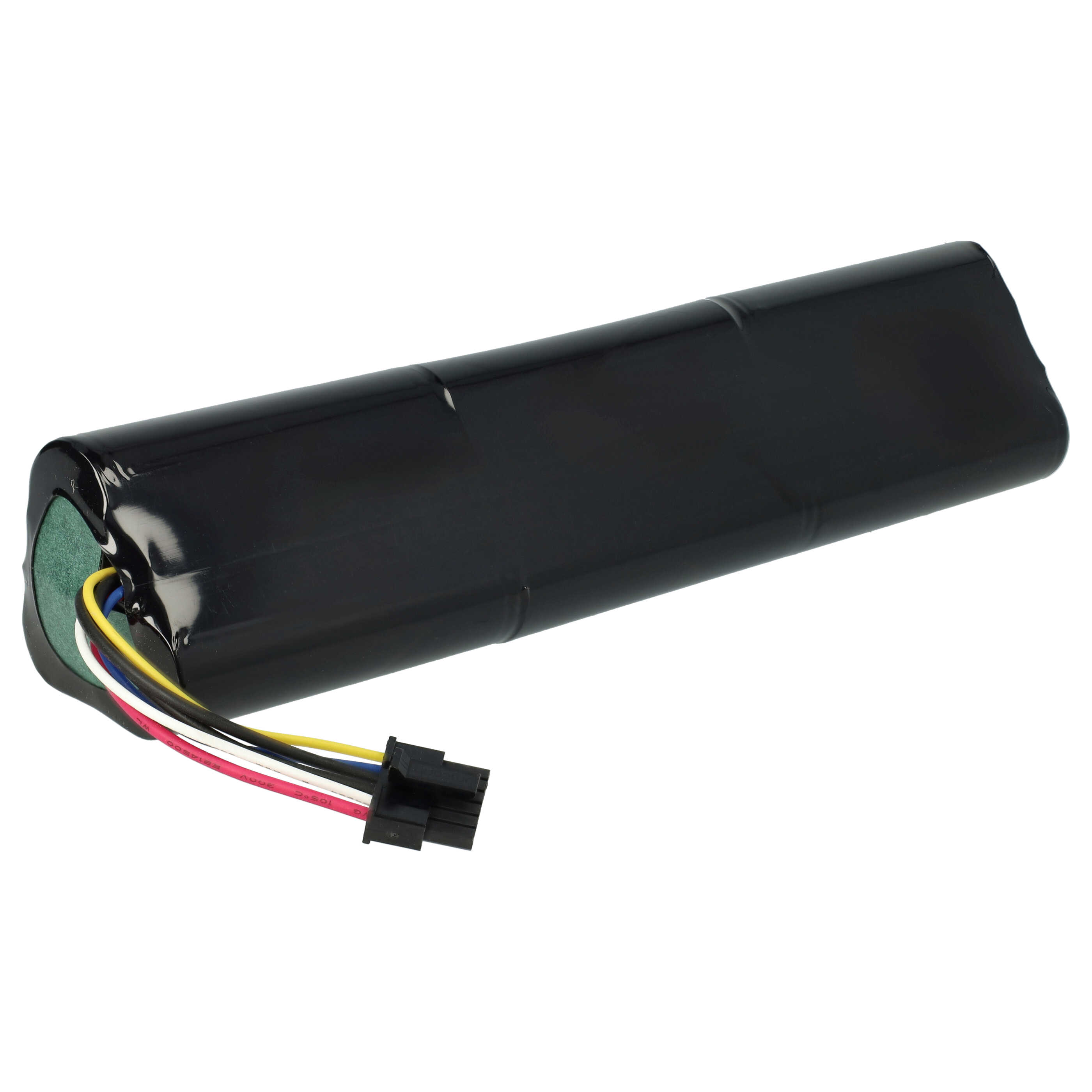 Ein schwarzes Batteriepaket mit Kabeln und einem Stecker. Das Paket ist rechteckig, mit einem grünen Ende und weißem Hintergrund.