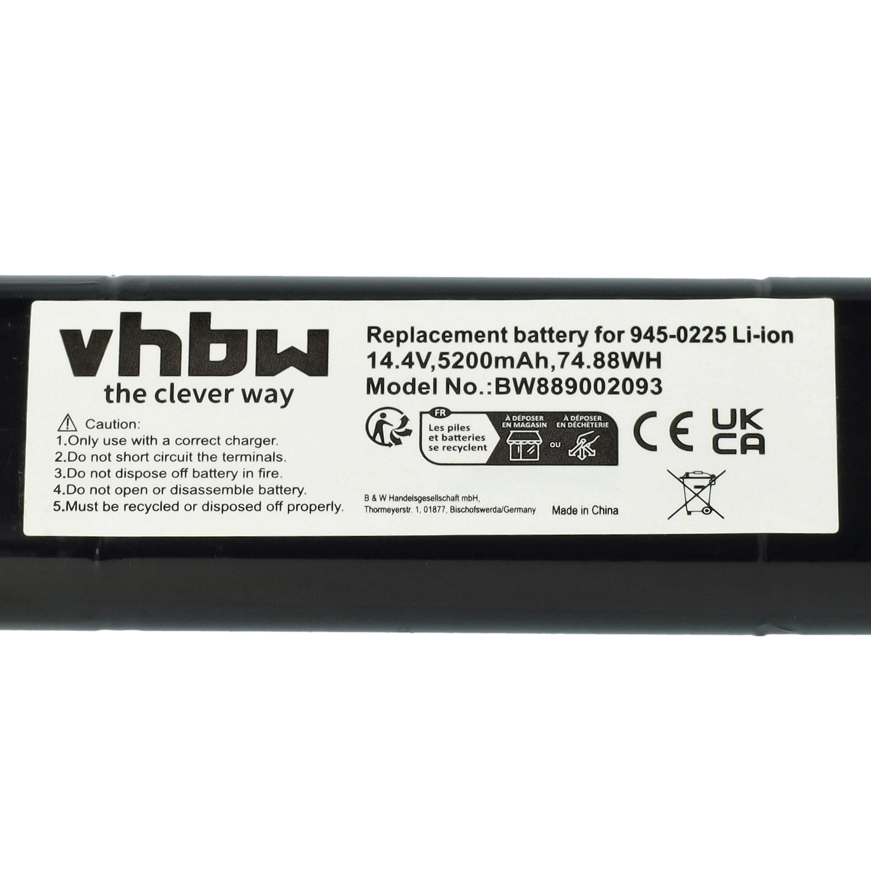 Schwarzer Akku mit weißem Etikett. Text enthält Batterieinformationen und Recyclingsymbole. Der Markenname ist vhbw.