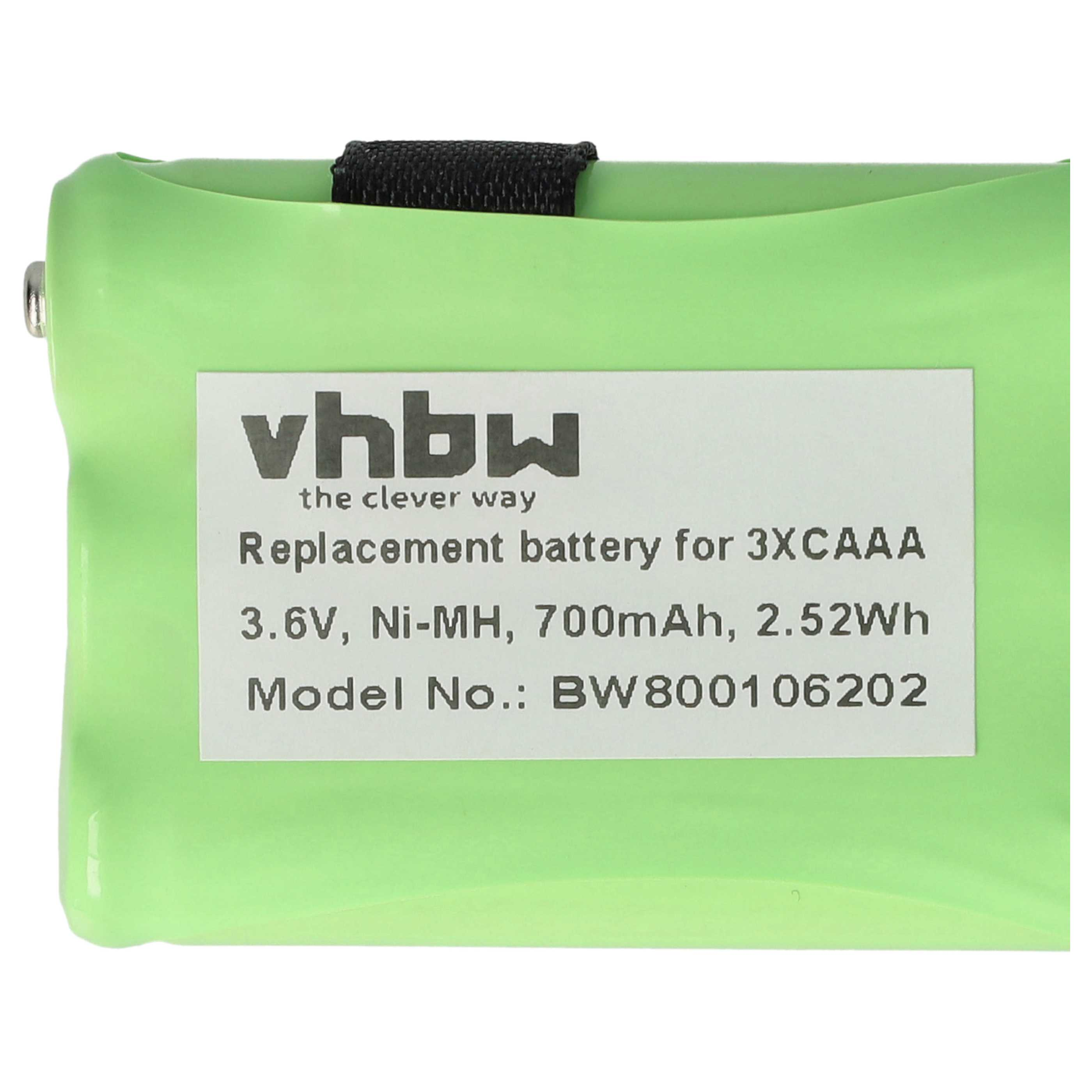 Ein grüner Akku mit weißem Etikett. Auf dem Etikett stehen 'vhbw' und Spezifikationen: 3,6 V, Ni-MH, 700 mAh, 2,52 Wh, Modell BW800106202.