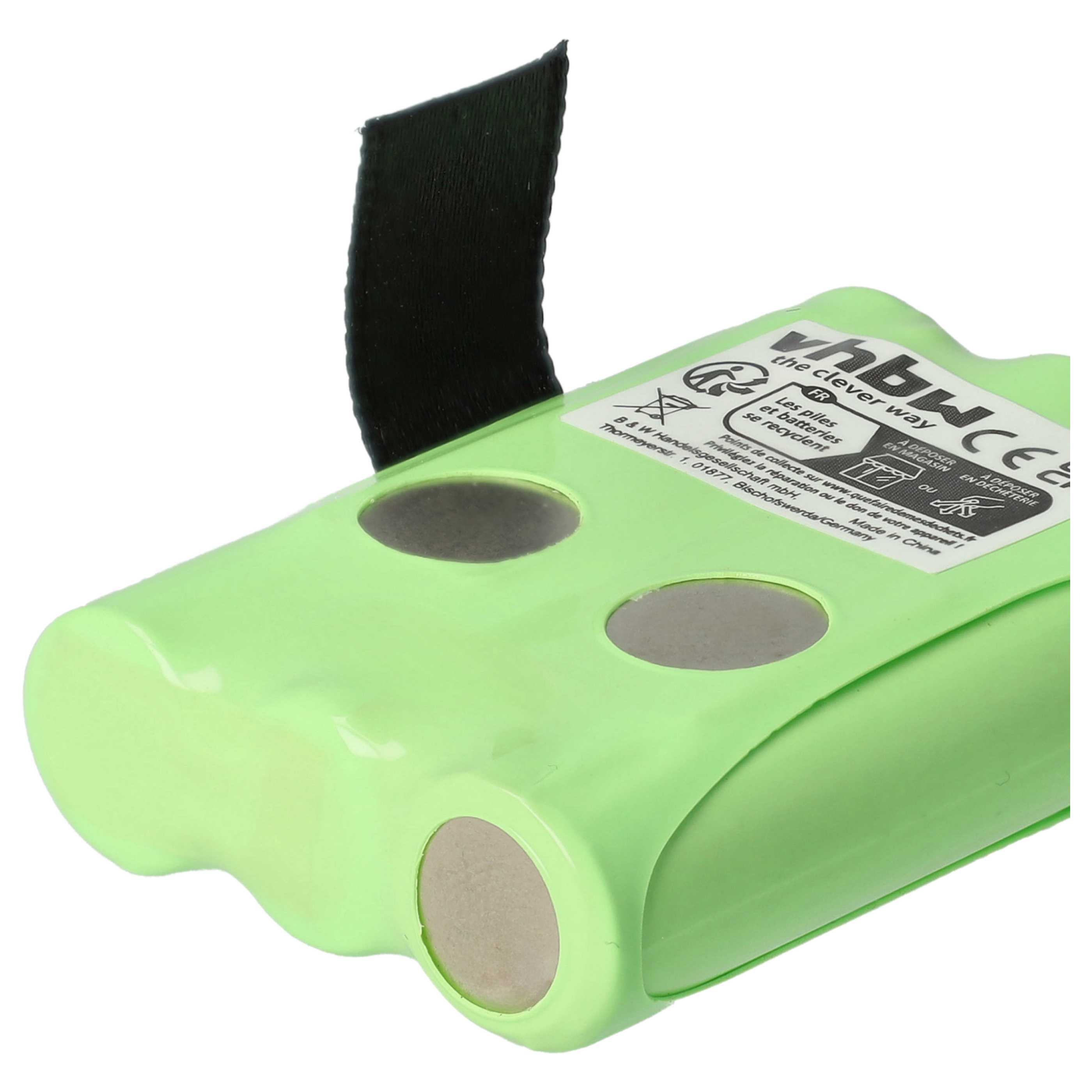 Ein grüner Akku mit schwarzem Riemen. Es hat ein Recycling-Label und die Worte 'the clever way'.