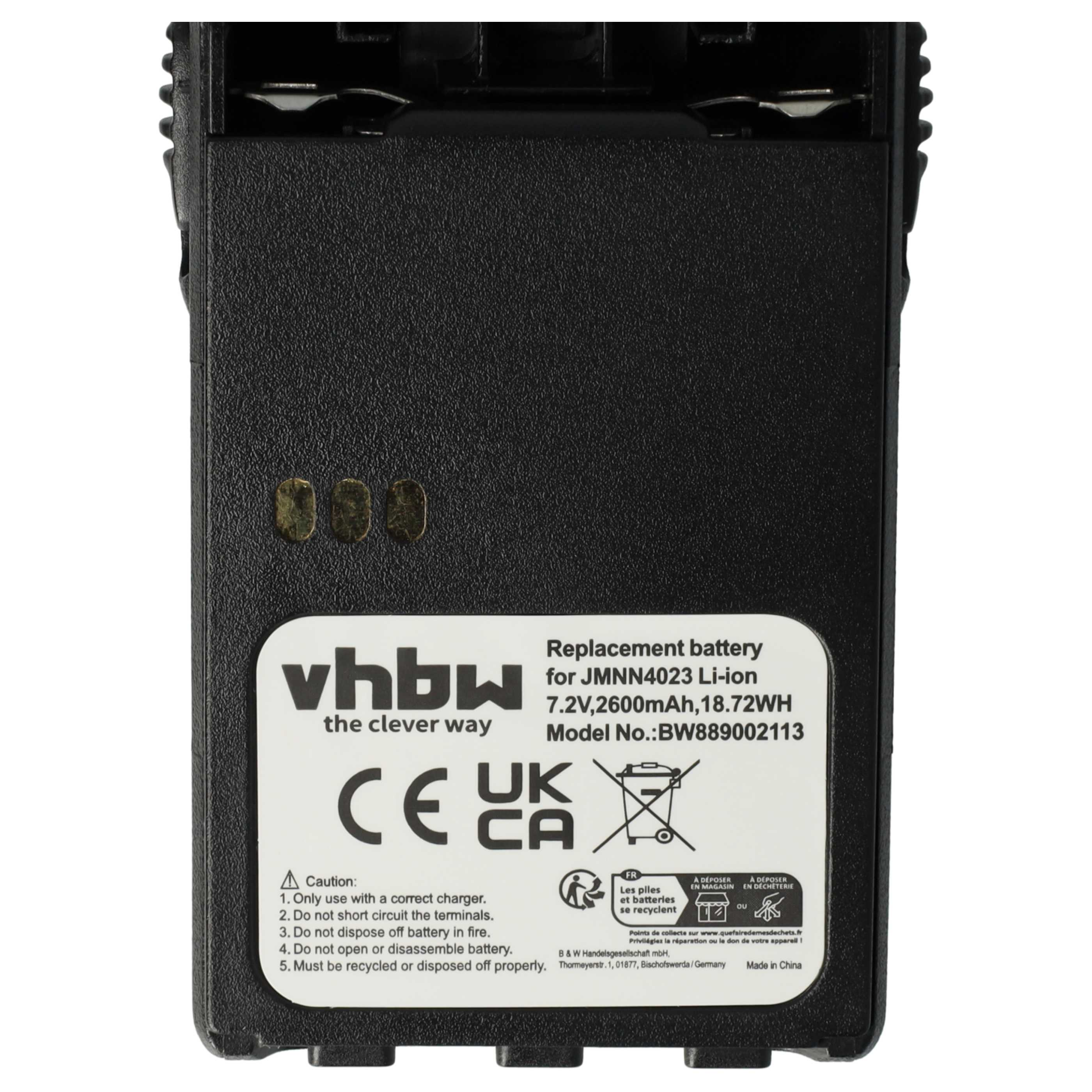 Schwarzer Akku für JMNN4023 Li-Ion mit weißem Etikett, CE-, UK-CA-Symbolen und Warnhinweis.