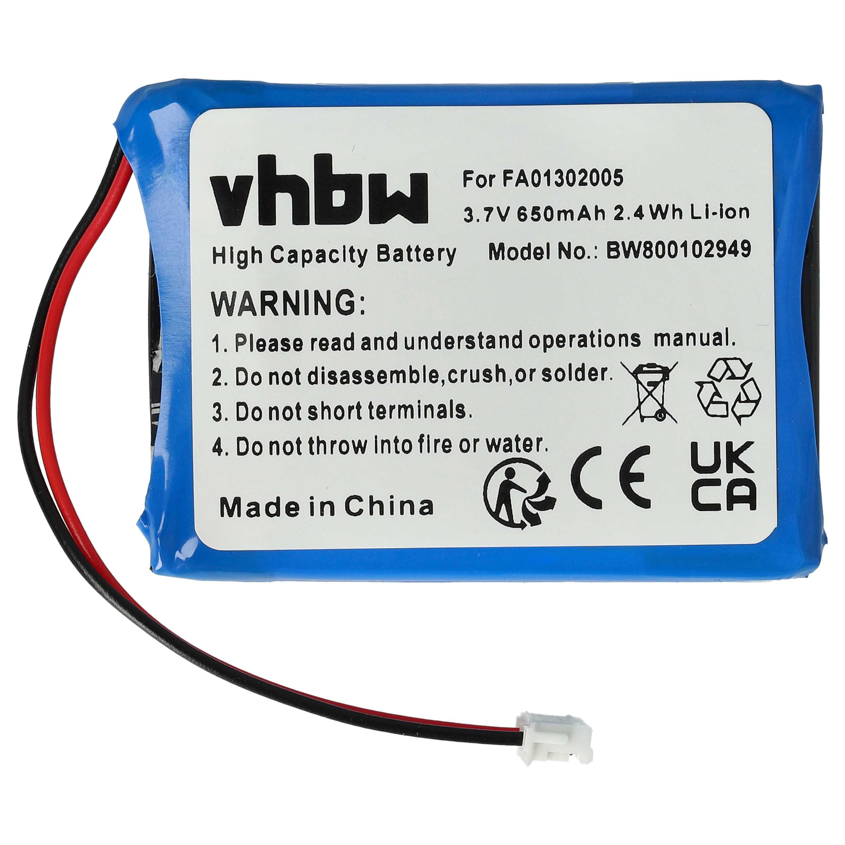 Ein Akku mit blauem Rahmen, schwarz-roten Drähten und Warnhinweisen. Text enthält 'vhbw', 'WARNUNG' und Sicherheitssymbole.