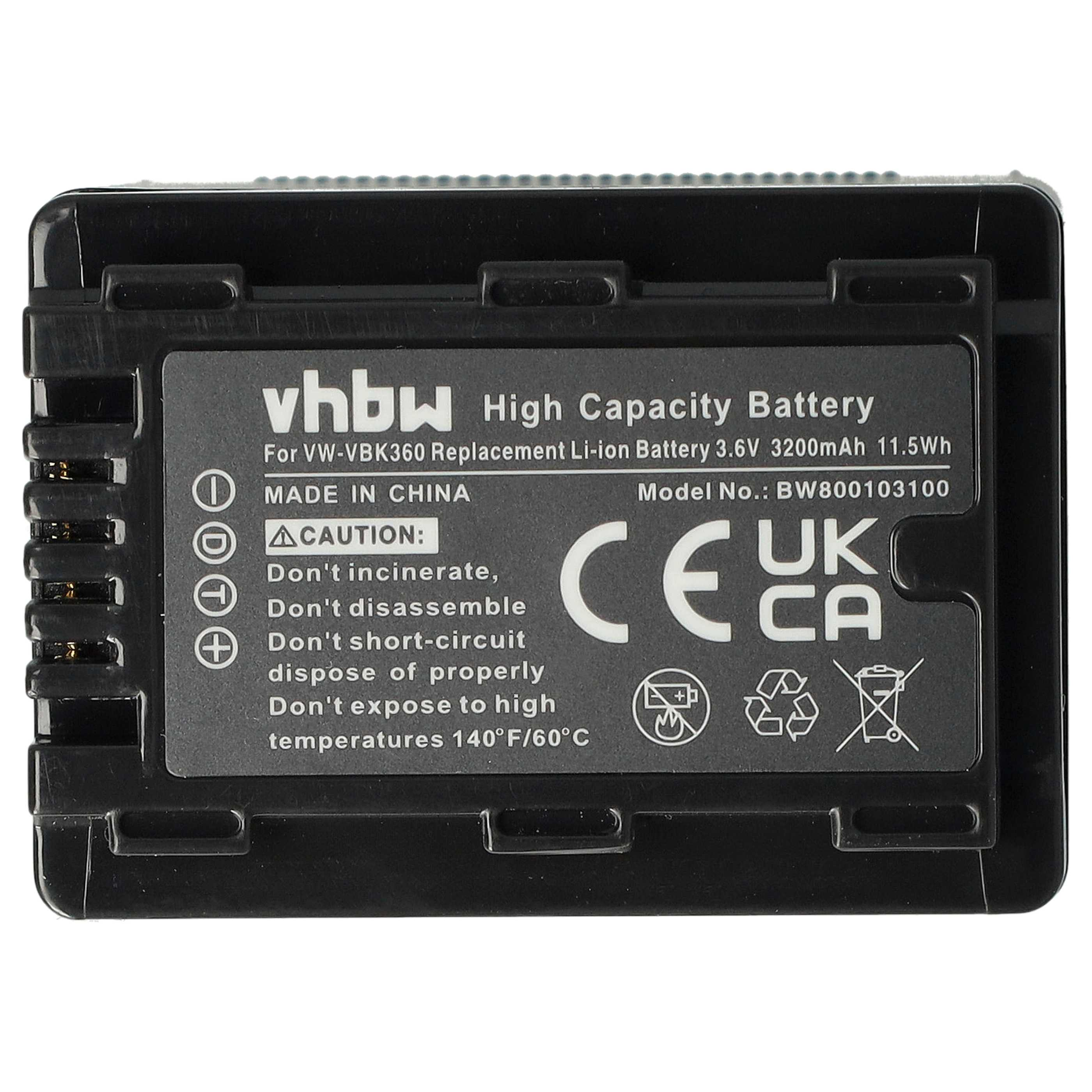 Ein schwarzer Akku mit weißem Text. Er lautet vhbw High Capacity Battery und enthält Warnhinweise.