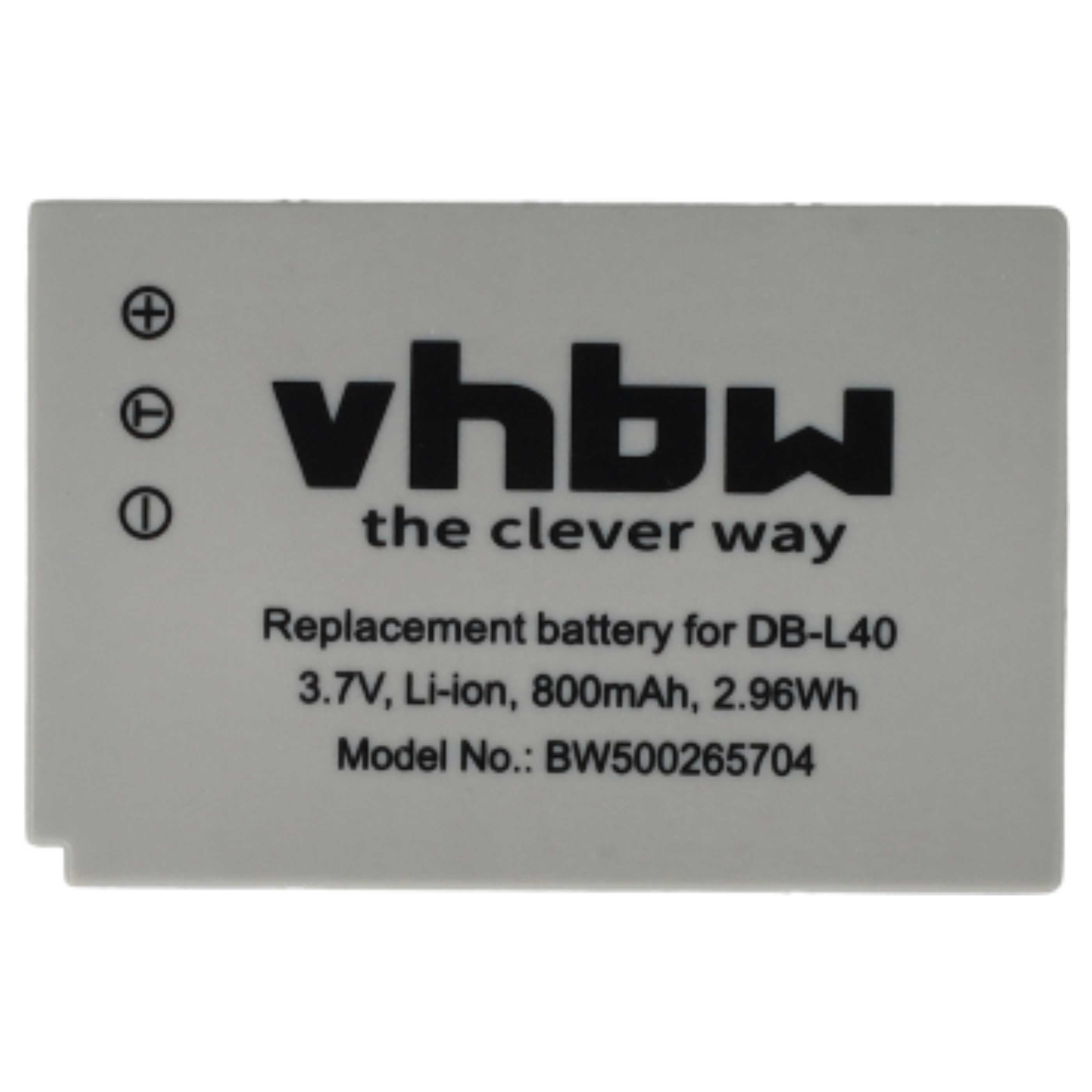 Graue Batterie mit Text: vhbw, the clever way. Es liest: Ersatzbatterie für DB-L40, 3,7 V, Li-ion, 800 mAh, 2,96 Wh.