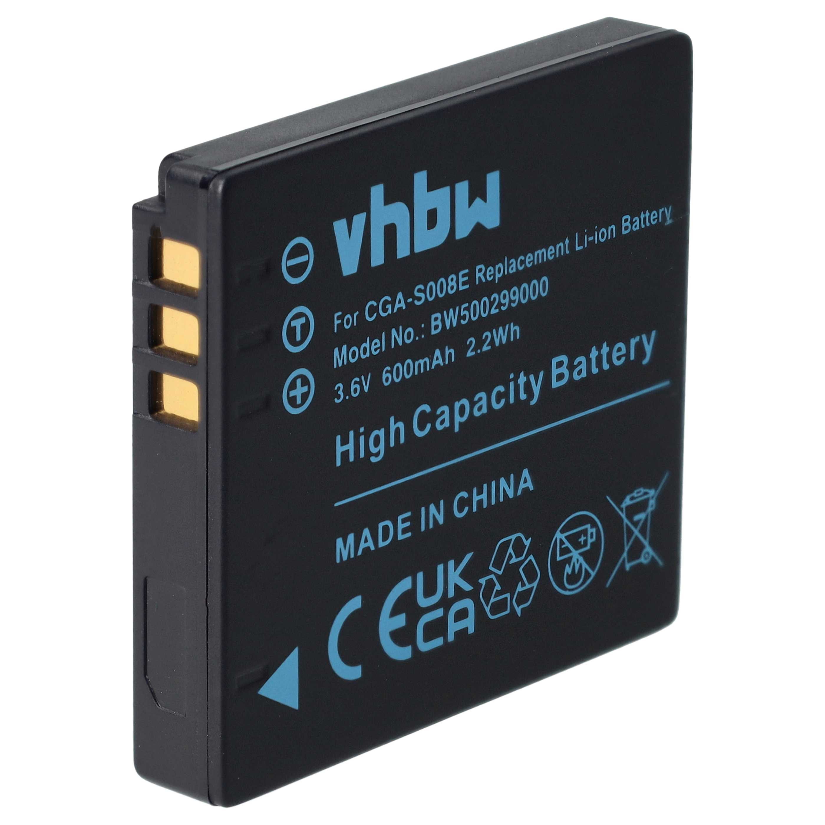 Schwarzer Akku mit weißem Text. Details umfassen 'vhbw', 'High Capacity Battery' und technische Daten. Hergestellt in China.