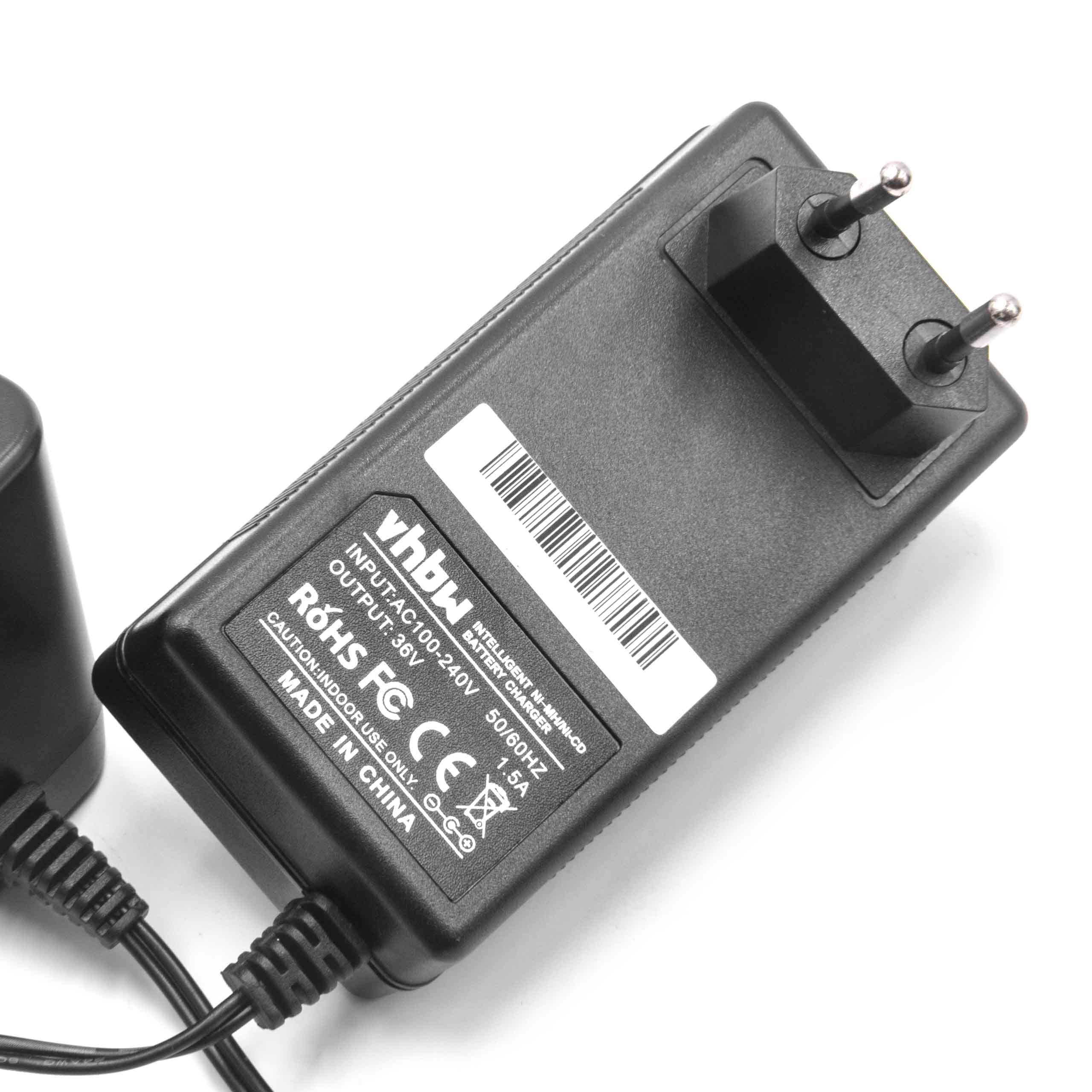 Ein schwarzes vhbw-Batterieladegerät mit Zweipol-Stecker auf weißer Oberfläche. Text enthält Spannung und Zertifizierungsdetails.