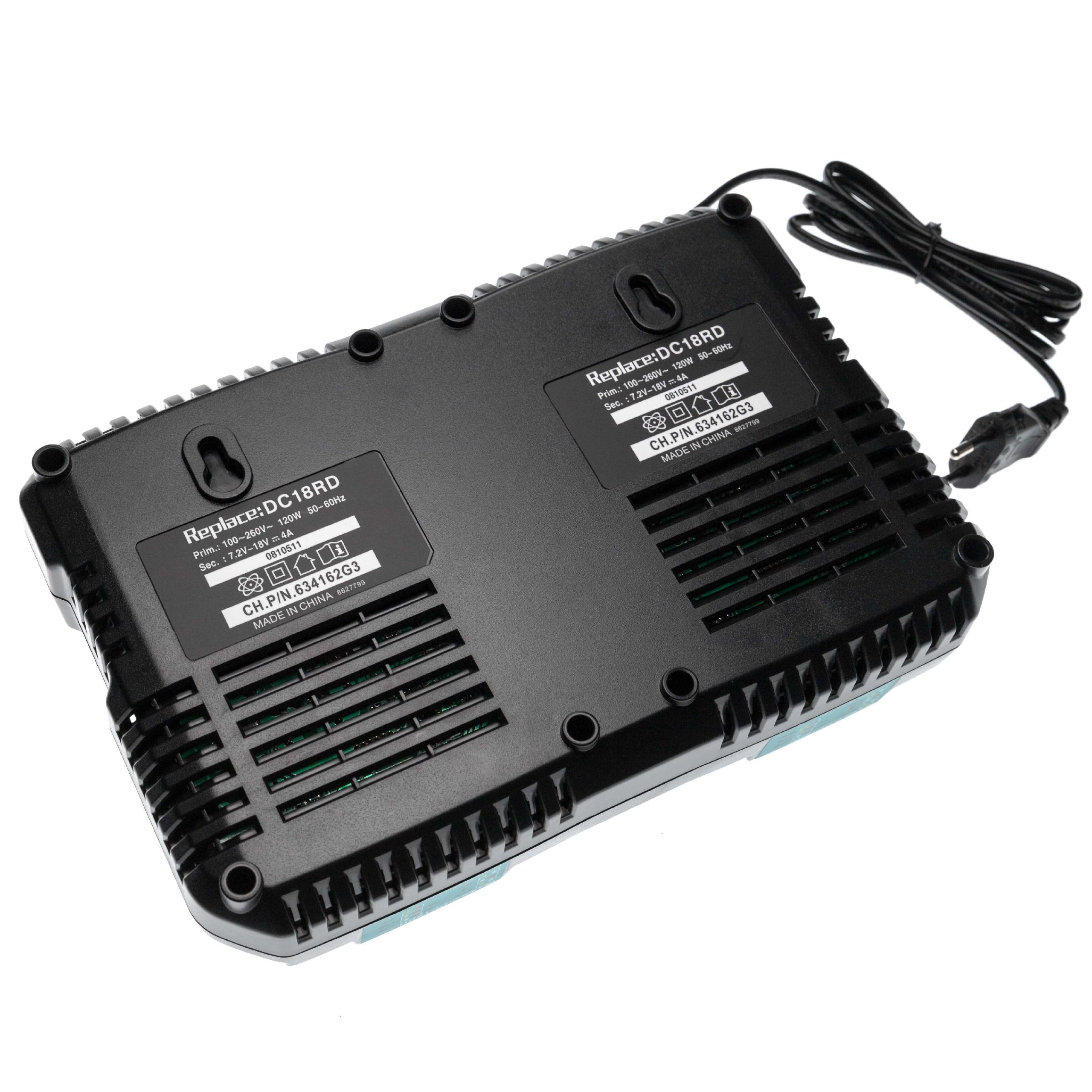 Schwarzes DC18RD-Batterieladegerät mit Etikettendetails, Netzkabel und Stecker vor weißem Hintergrund. Das Ladegerät ist abgewinkelt.
