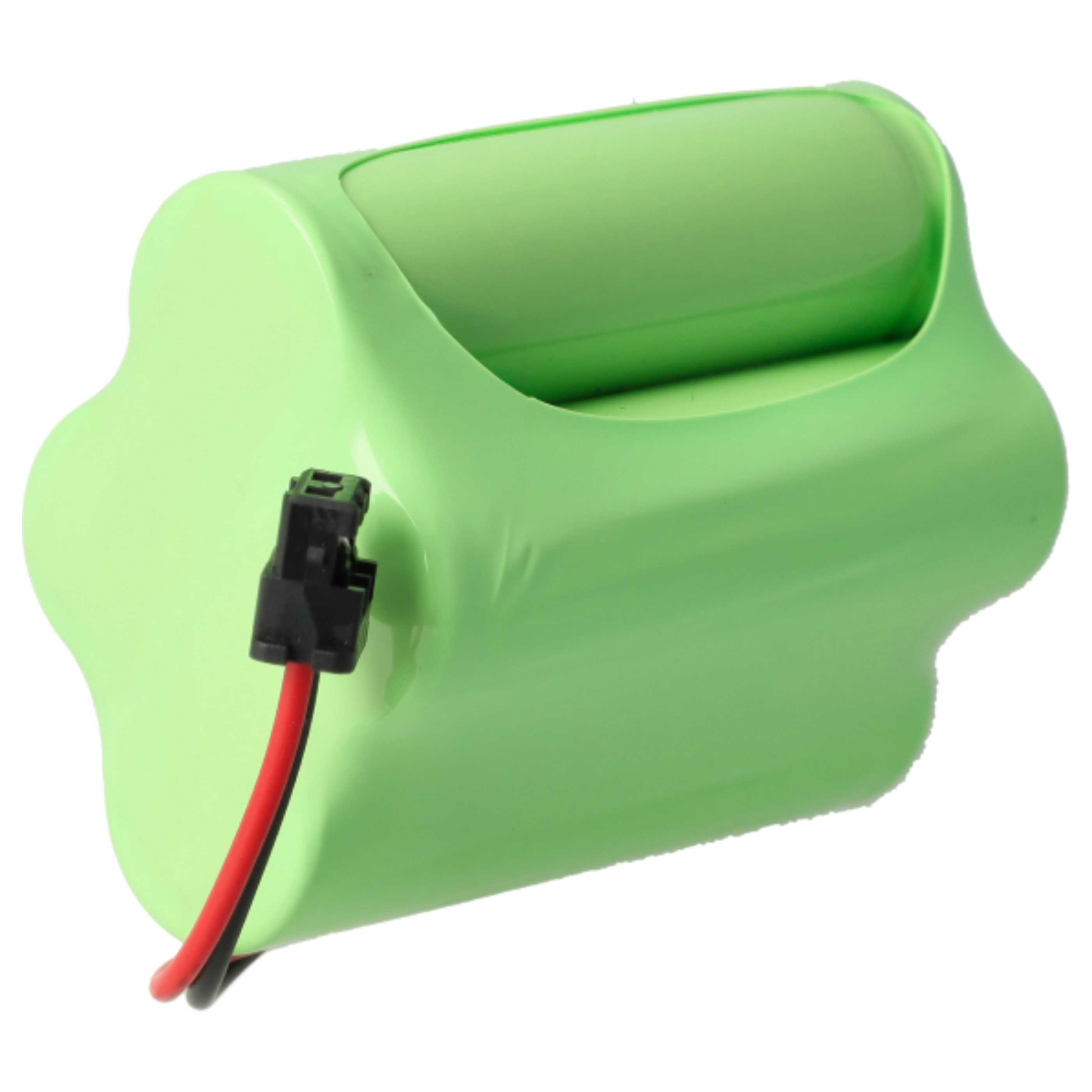 Eine grüne Batterie mit einem schwarzen Stecker und rot/schwarzen Drähten. Isoliert auf weißem Hintergrund. Die Batterie ist zylindrisch.
