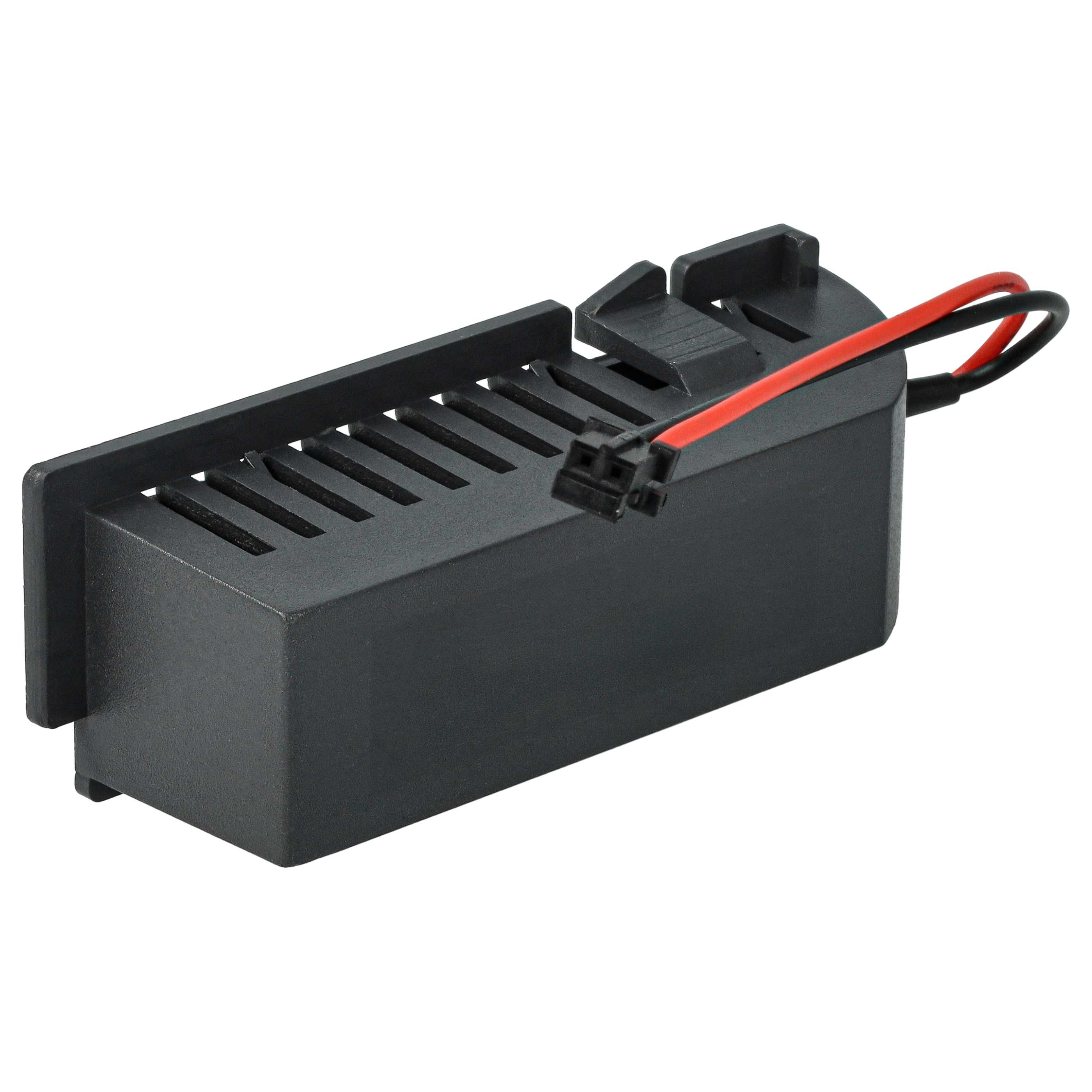 Ein schwarzes rechteckiges elektronisches Bauteil mit Schlitzen und einem Stecker, rote und schwarze Drähte verlaufen.