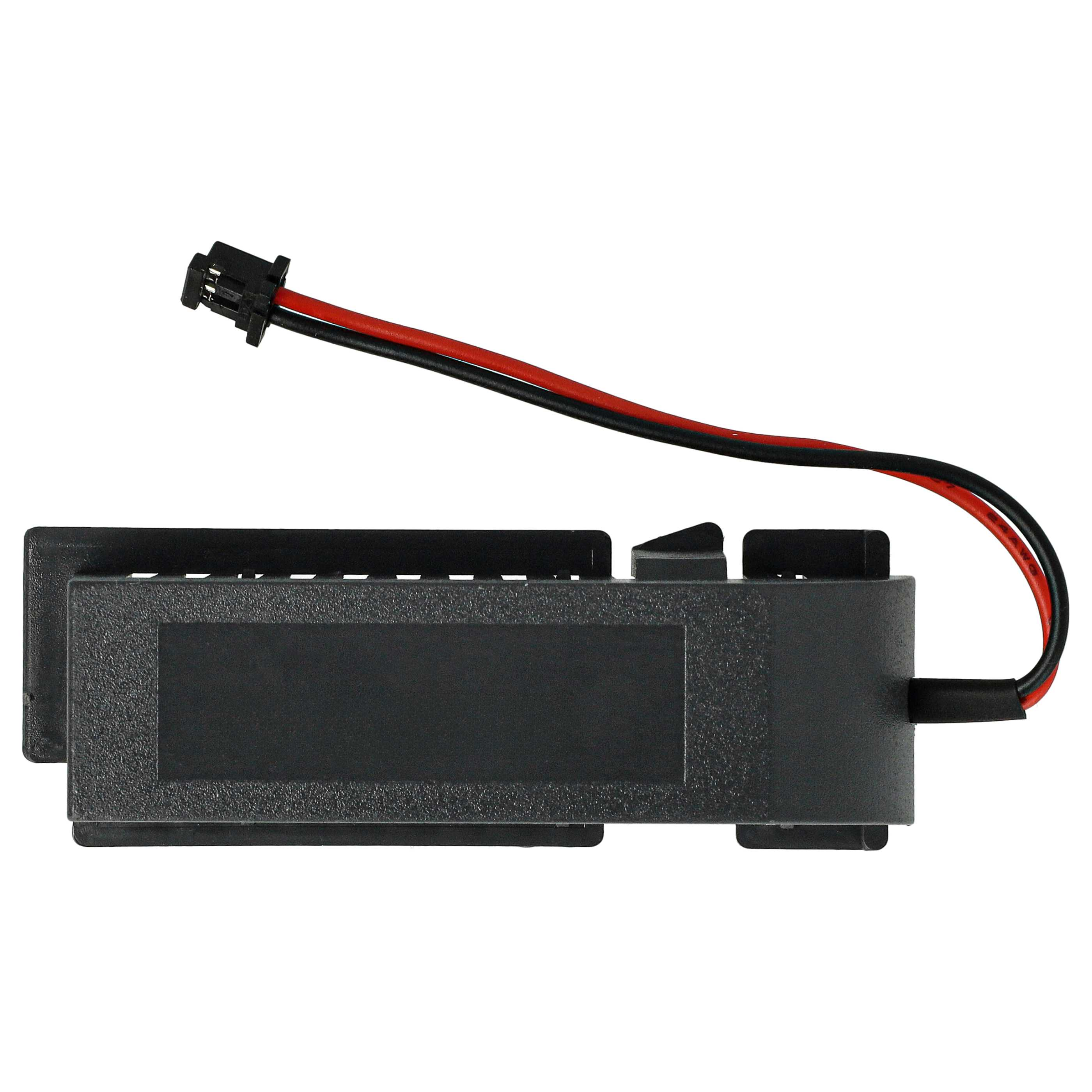 Ein schwarzes elektronisches Bauteil mit Stecker und roten und schwarzen Drähten auf weißem Grund.