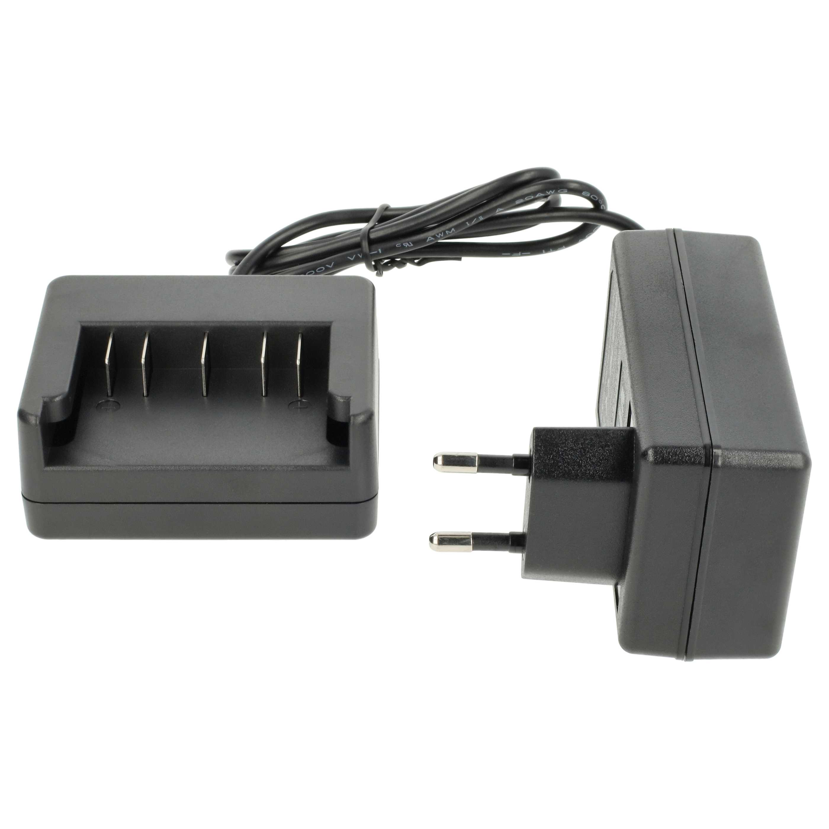 Schwarzes Ladegerät mit Stecker und einer Ladestation mit vier Schlitzen, verbunden durch ein schwarzes Kabel, weißer Hintergrund.