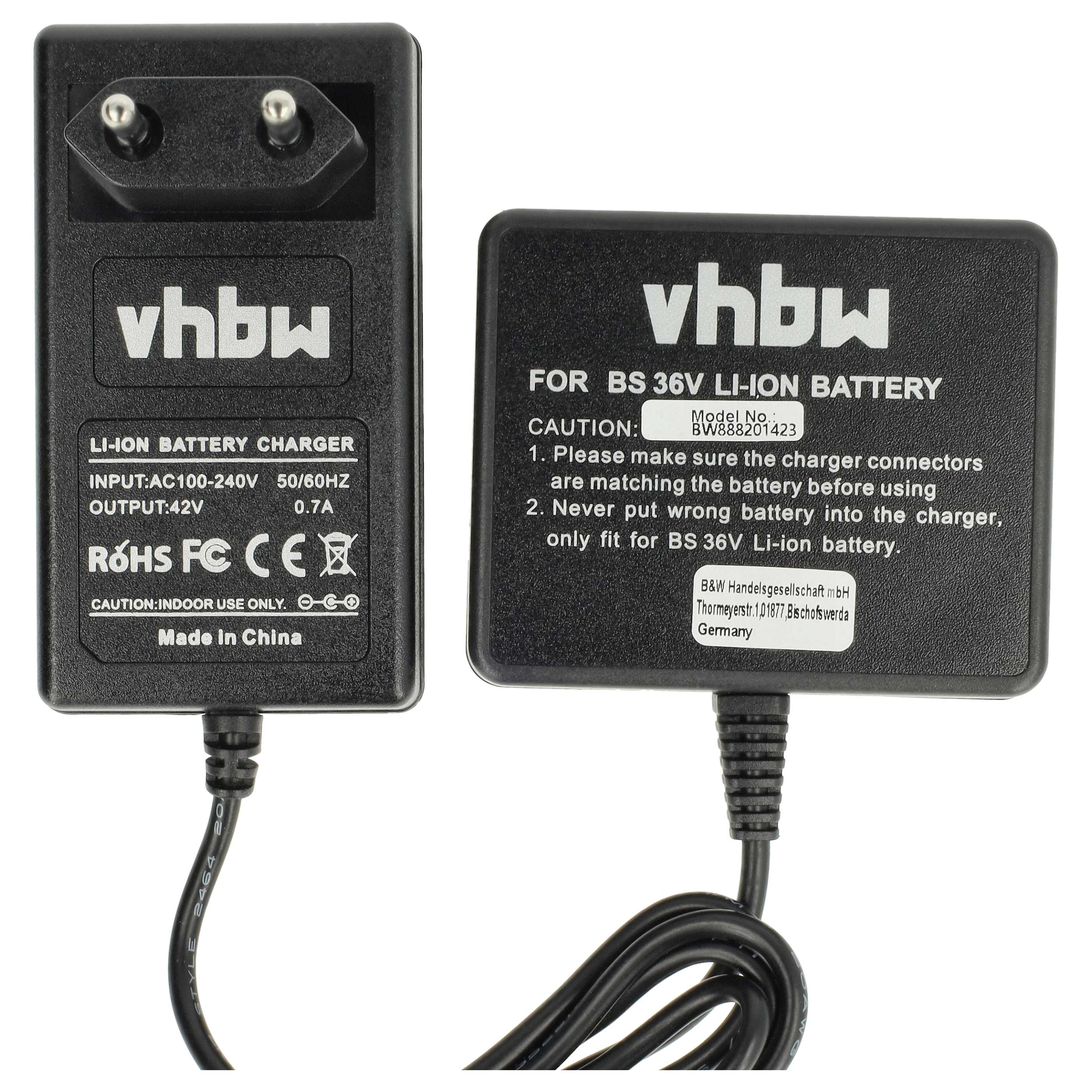Zwei schwarze vhbw-Ladegeräte mit Text. Eines hat einen Stecker, das andere Anweisungen für BS 36V Li-Ionen-Batterie.