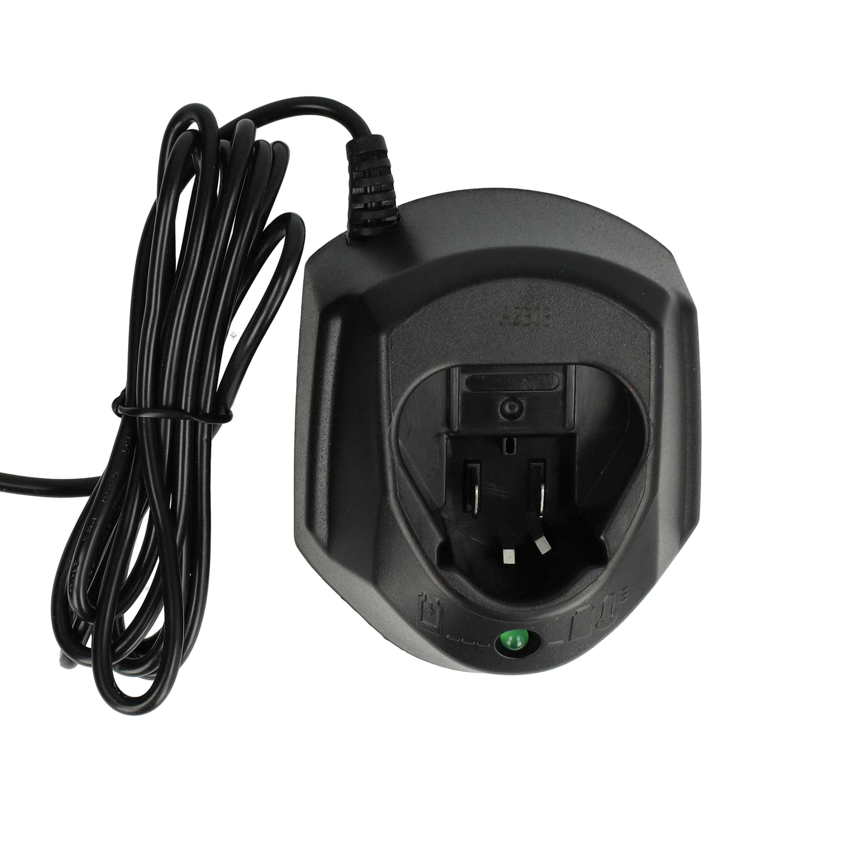 Schwarzes Batterieladegerät mit schwarzem Kabel. Es hat einen Ladeanschluss. Weißer Hintergrund.