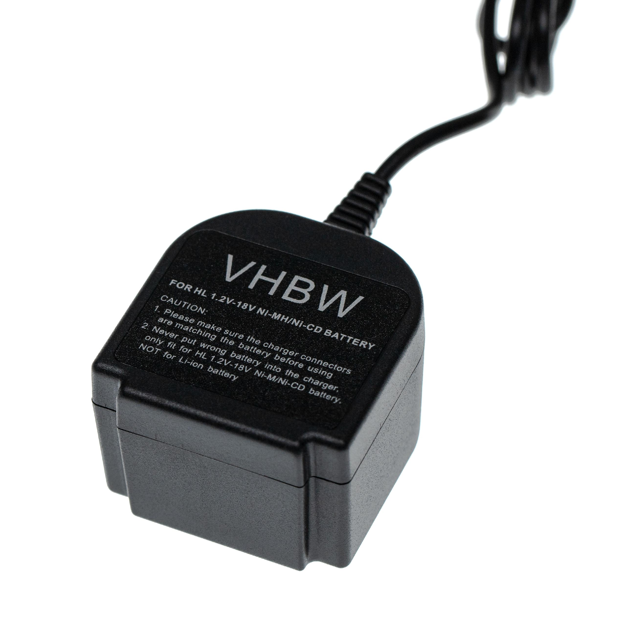 Ein schwarzes VHBW-Ladegerät für einen 1,2-18-V-Ni-MH/Ni-CD-Akku mit schwarzem Kabel auf weißem Hintergrund.