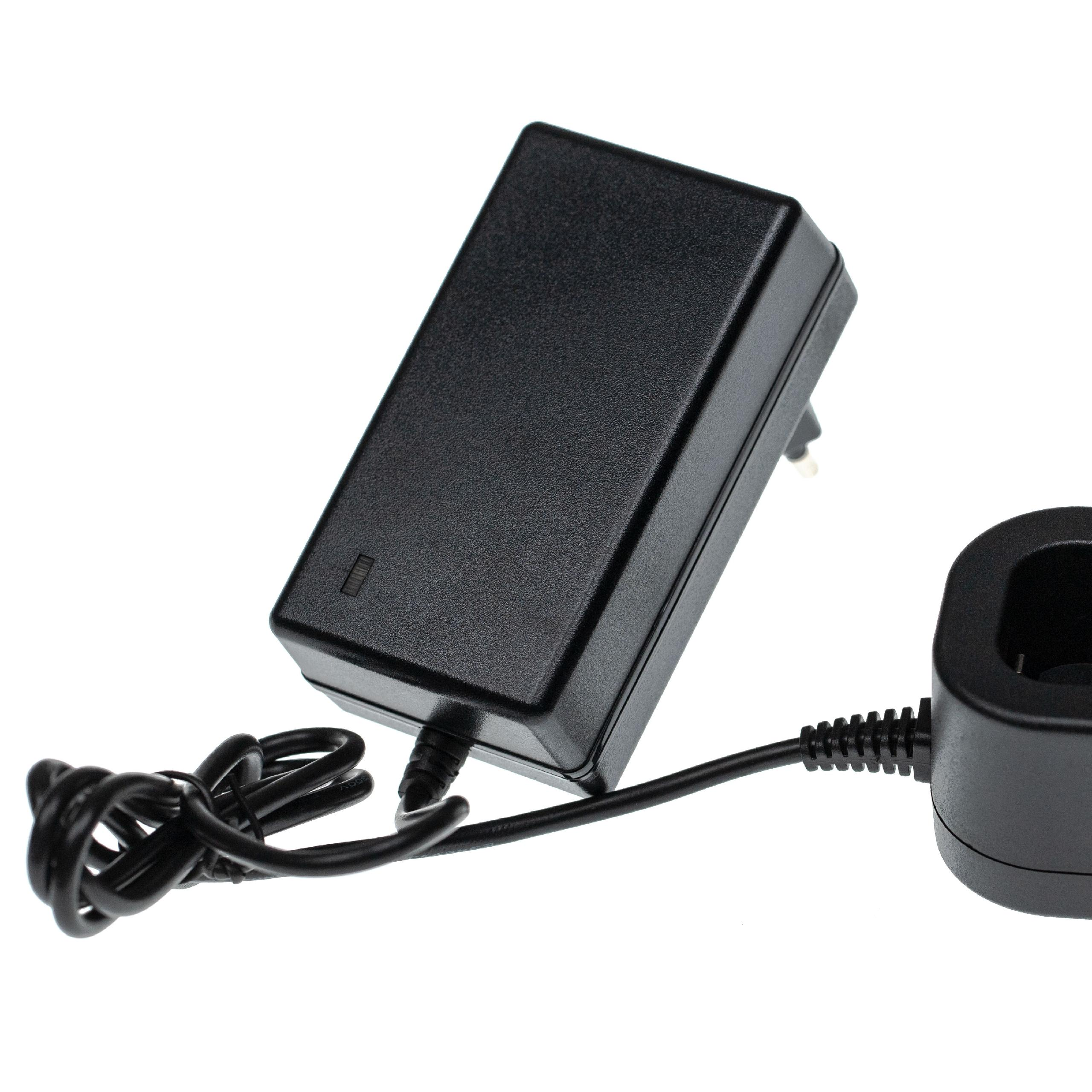 Ein schwarzes Netzteil mit Stecker und Ladestation auf weißem Grund. Das Netzteil hat ein Netzkabel.