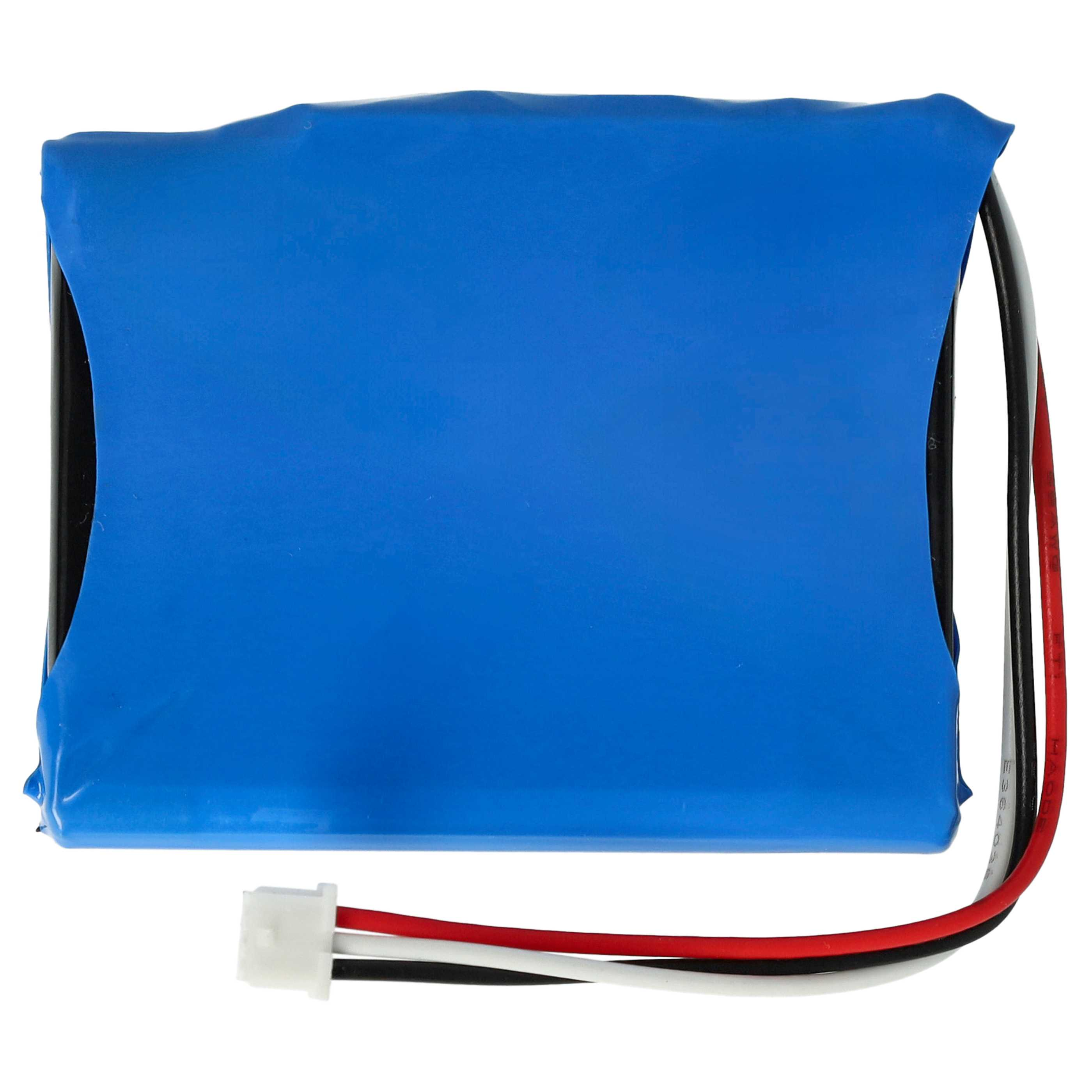 Ein blaues Akkupack mit roten, weißen und schwarzen Drähten und einem weißen Stecker. Der Hintergrund ist weiß.