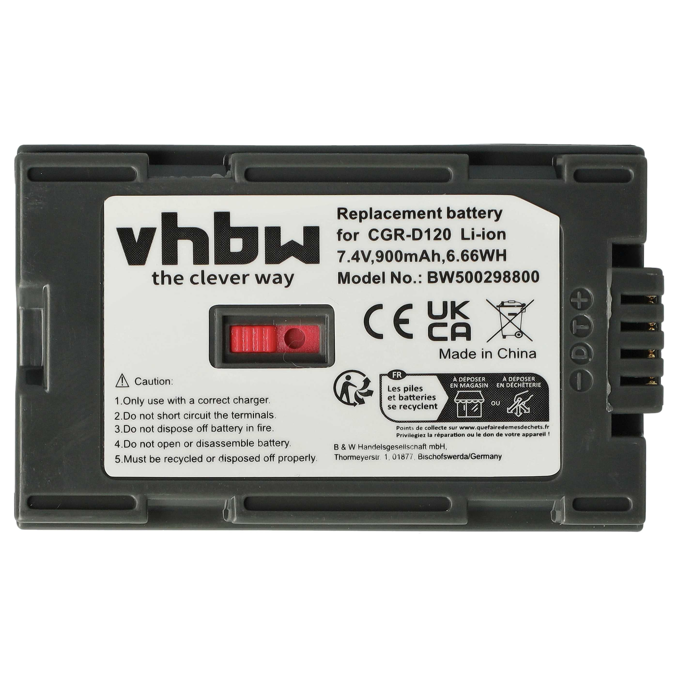 Ein Akku mit Text: vhbw, Ersatzakku für CGR-D120 Li-Ion. Er hat einen roten Schalter und ein Warnschild.