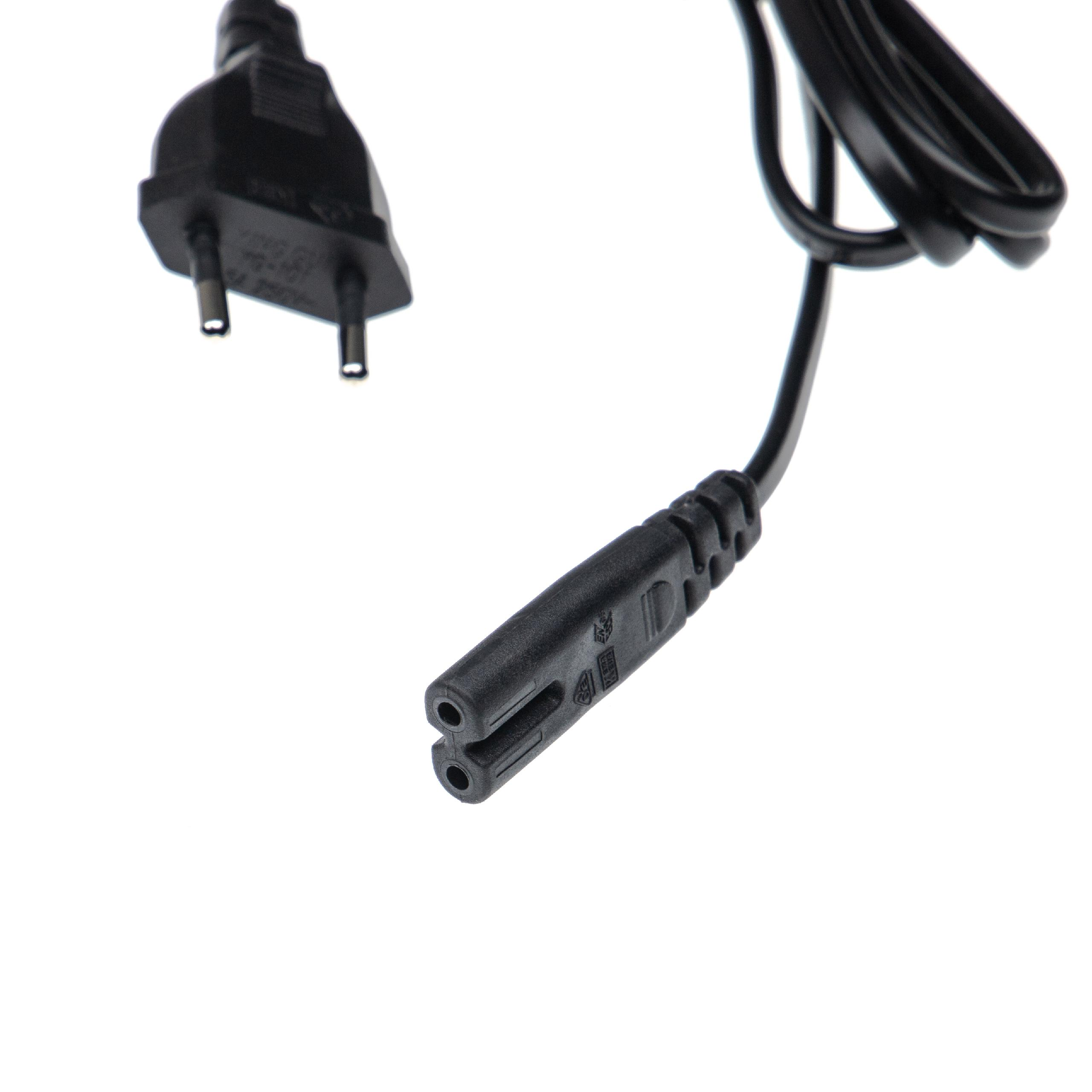 Ein schwarzes Netzkabel mit einem zweipoligen Stecker links und einem Zwei-Loch-Anschluss rechts, vor weißem Hintergrund.