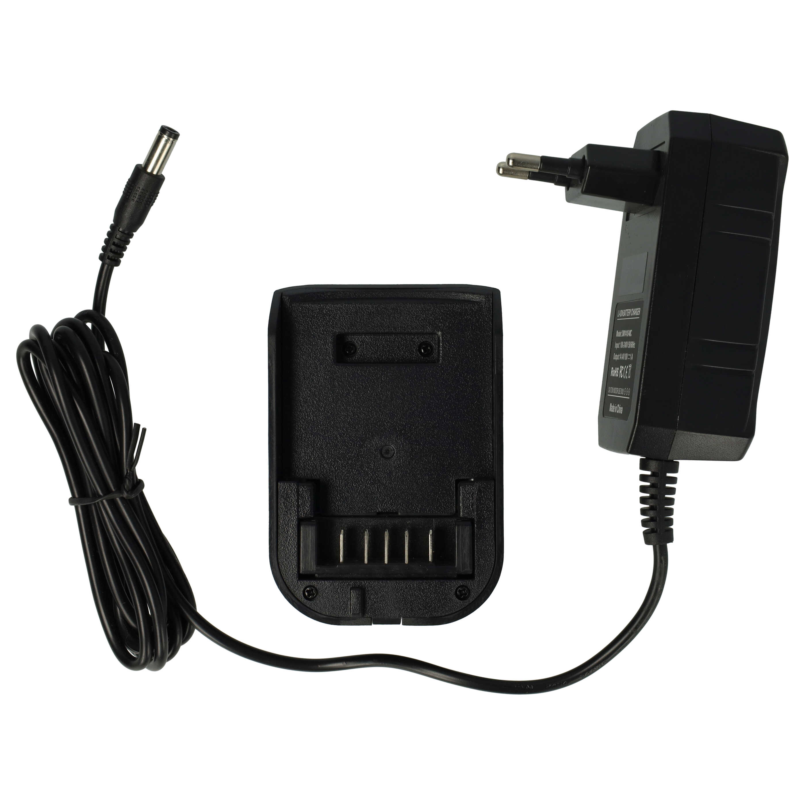 Schwarzes Batterieladegerät mit Stecker und Ladeanschluss, Kabel und Batterieschacht auf weißem Hintergrund.