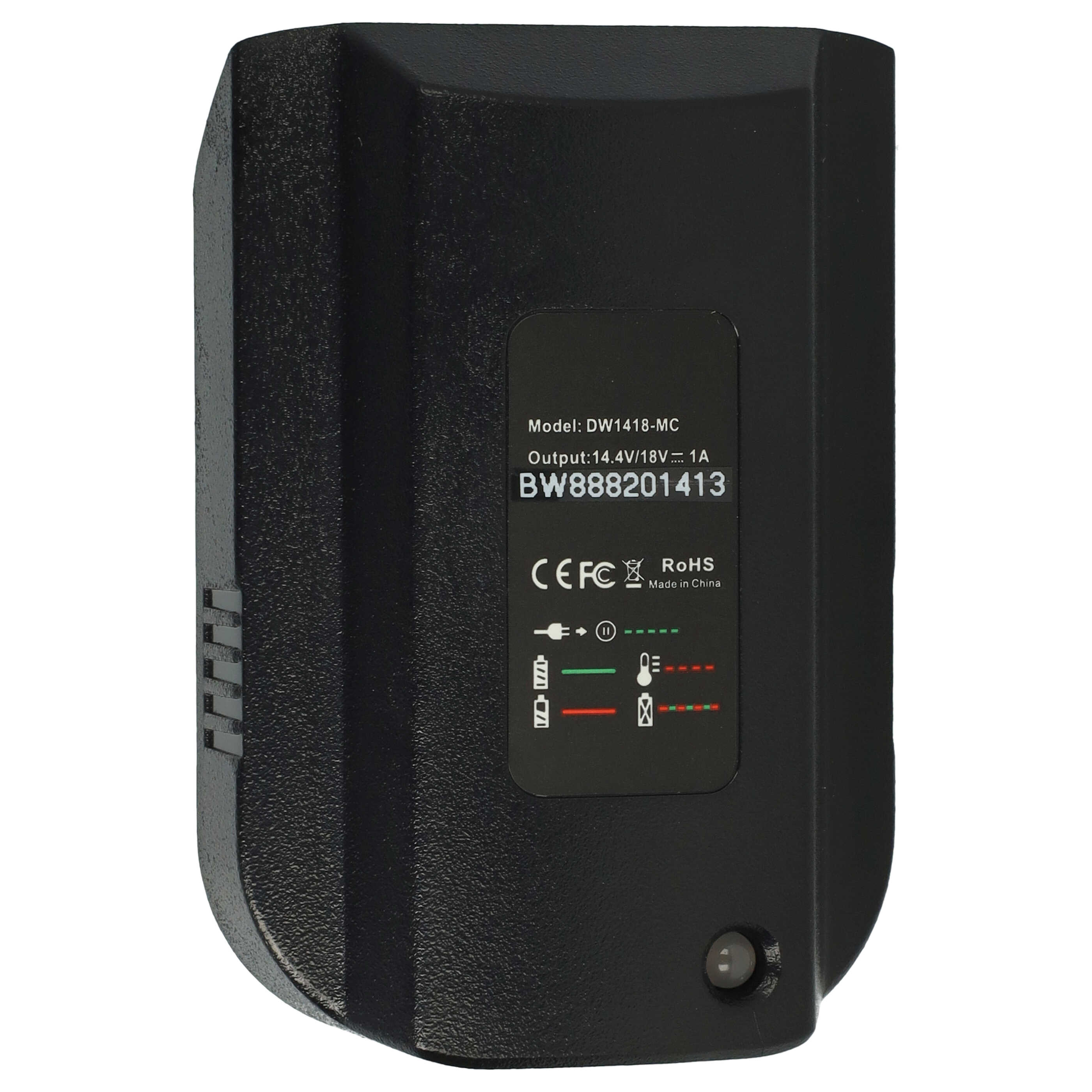 Schwarzer Akku mit Text. Modell DW1418-MC, Ausgang 14,4V/18V 1A. BW888201413. CE FC RoHS Made in China.