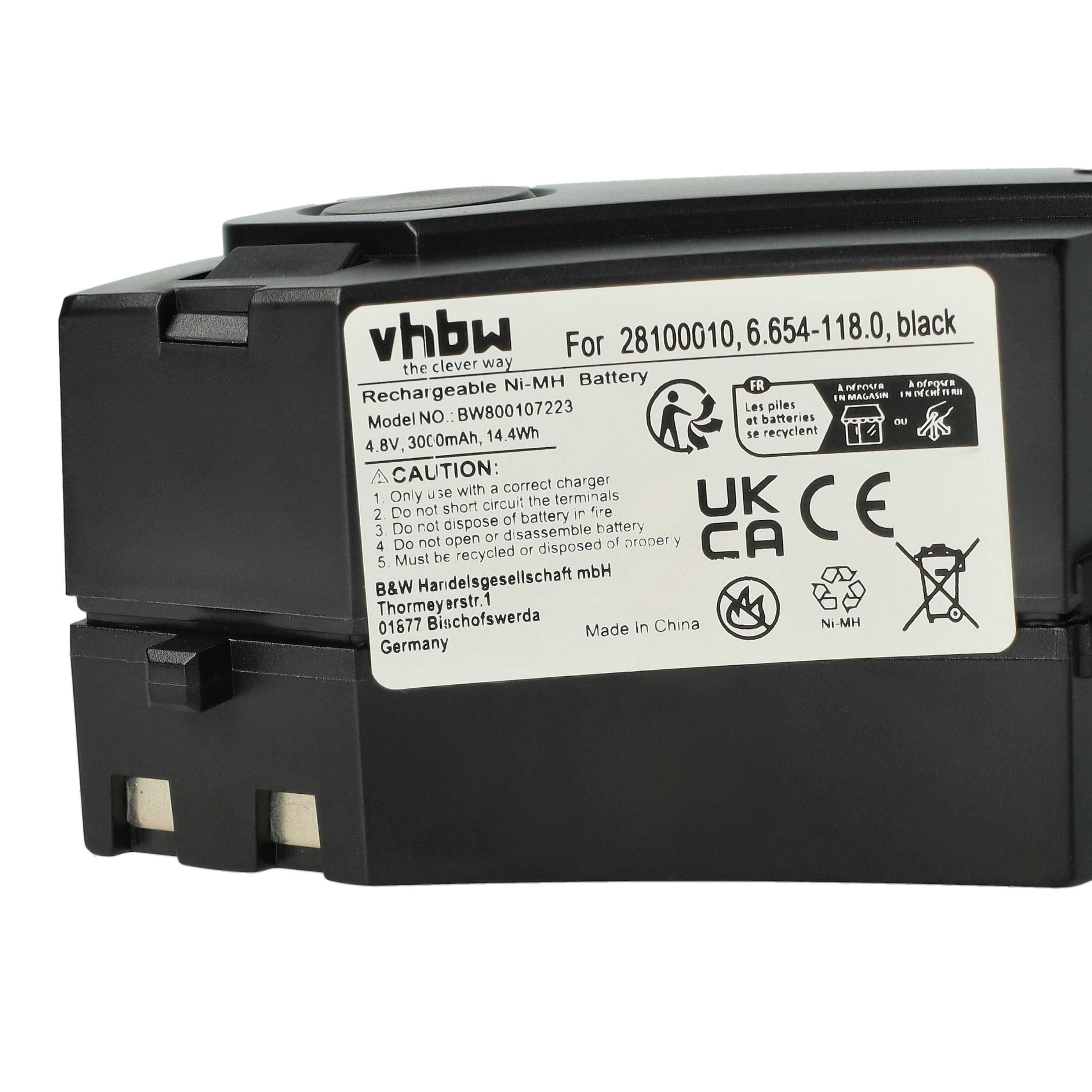 Schwarzer Akku mit Aufkleber. Auf dem Etikett steht 'Rechargeable Ni-MH Battery'. Warnsymbole vorhanden.
